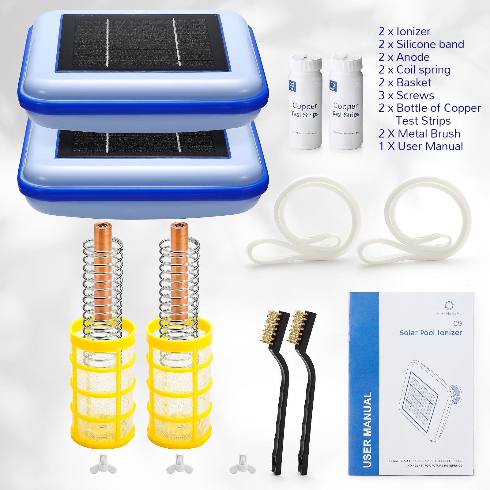 Airthereal C9 Square Solar Pool Ionizer - Floating Water Cleaner & Purifier for Crystal Clear Swimming Pools | Reduces Chlorine by 85% | Eliminates Algae | Purifies up to 45,000 Gallons | Perfect for Inground & Above Ground Pools [2-Pack]