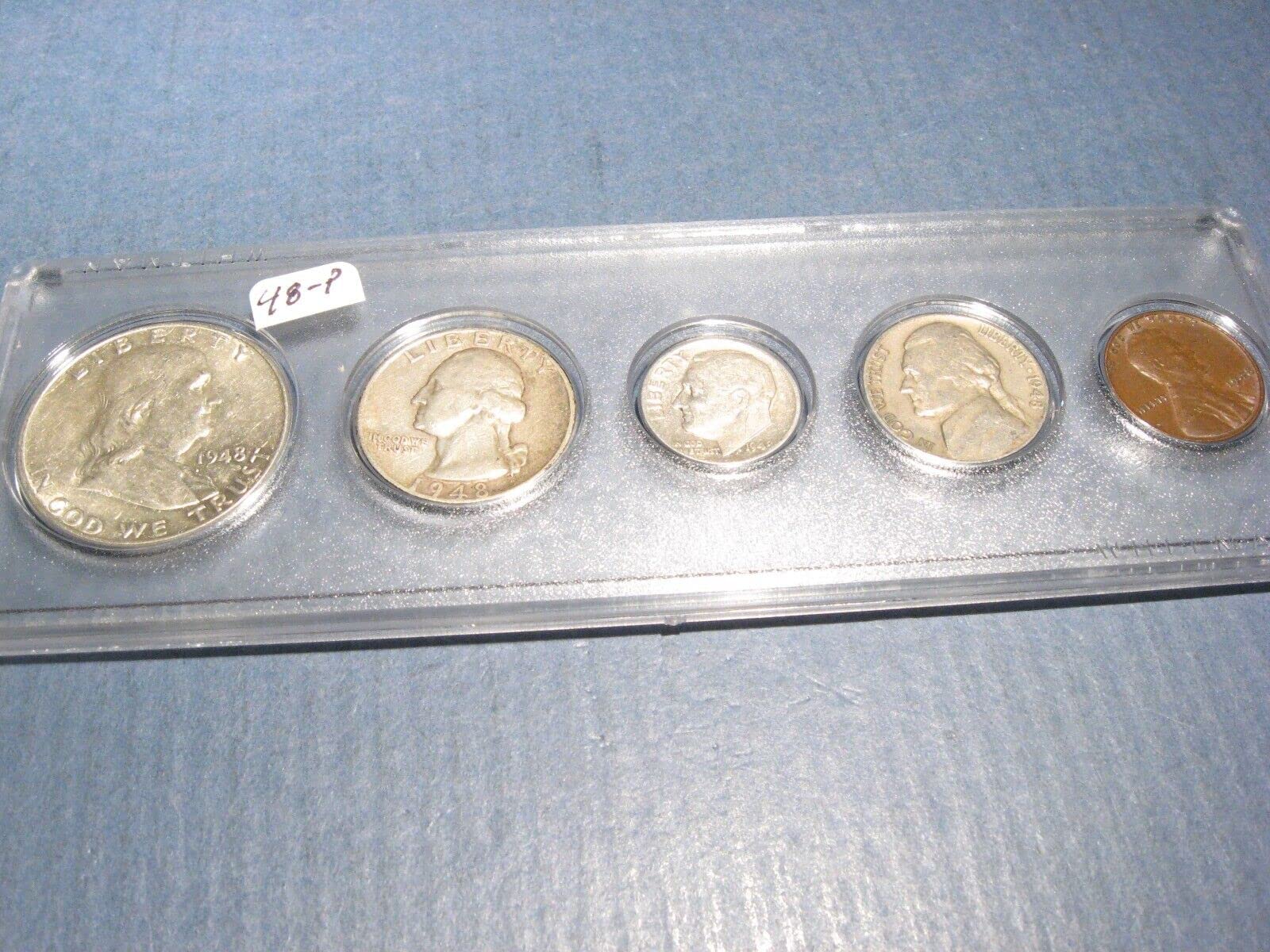 1948 No Mint Mark US Birth Year Coin Set - Half Dollar, Quarter, Dime, Nickel & Penny in Plastic Holder (VG Condition) - Perfect for Collectors, Anniversary Gifts & Historical Memorabilia