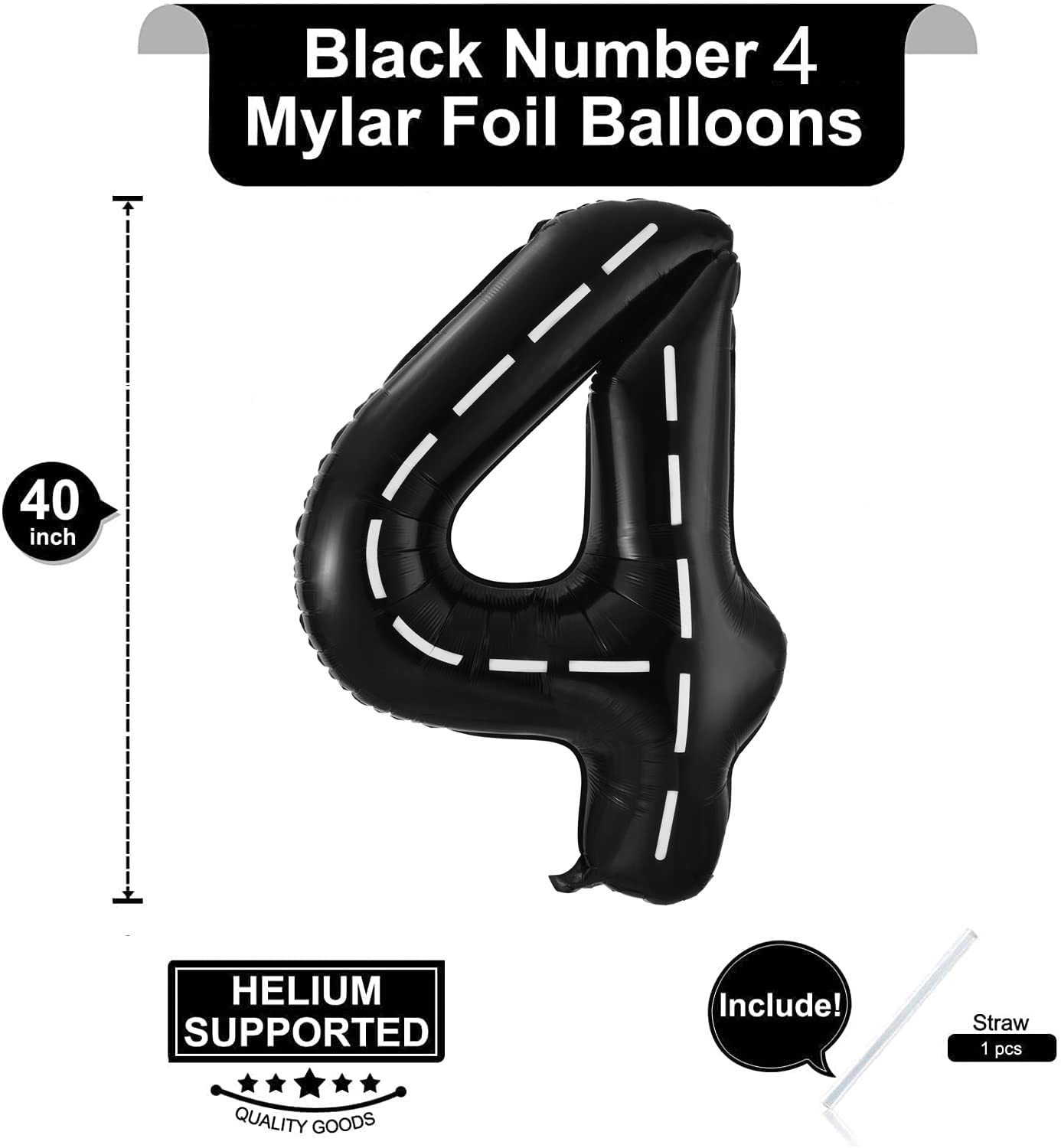 40 Inch Racing Car Number 4 Balloons - Large Black Fast Balloon for Race Track Theme Birthday Party Decorations | Perfect for NASCAR, Motorsports, and Car-Themed Celebrations