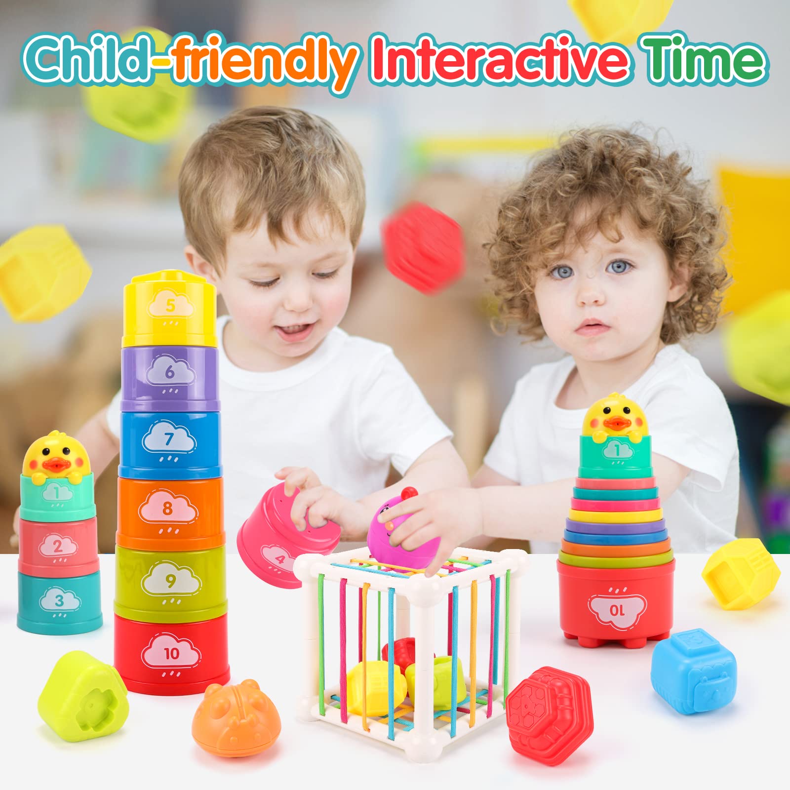 QIZEBABY Montessori Baby Toys for 6-18 Months - Sensory Shape Blocks & 10pc Stacking Cups Set, Early Learning Developmental Toys for 1-2 Year Old Boys Girls | Perfect for Toddler Playtime, Daycare & Montessori Classroom Activities