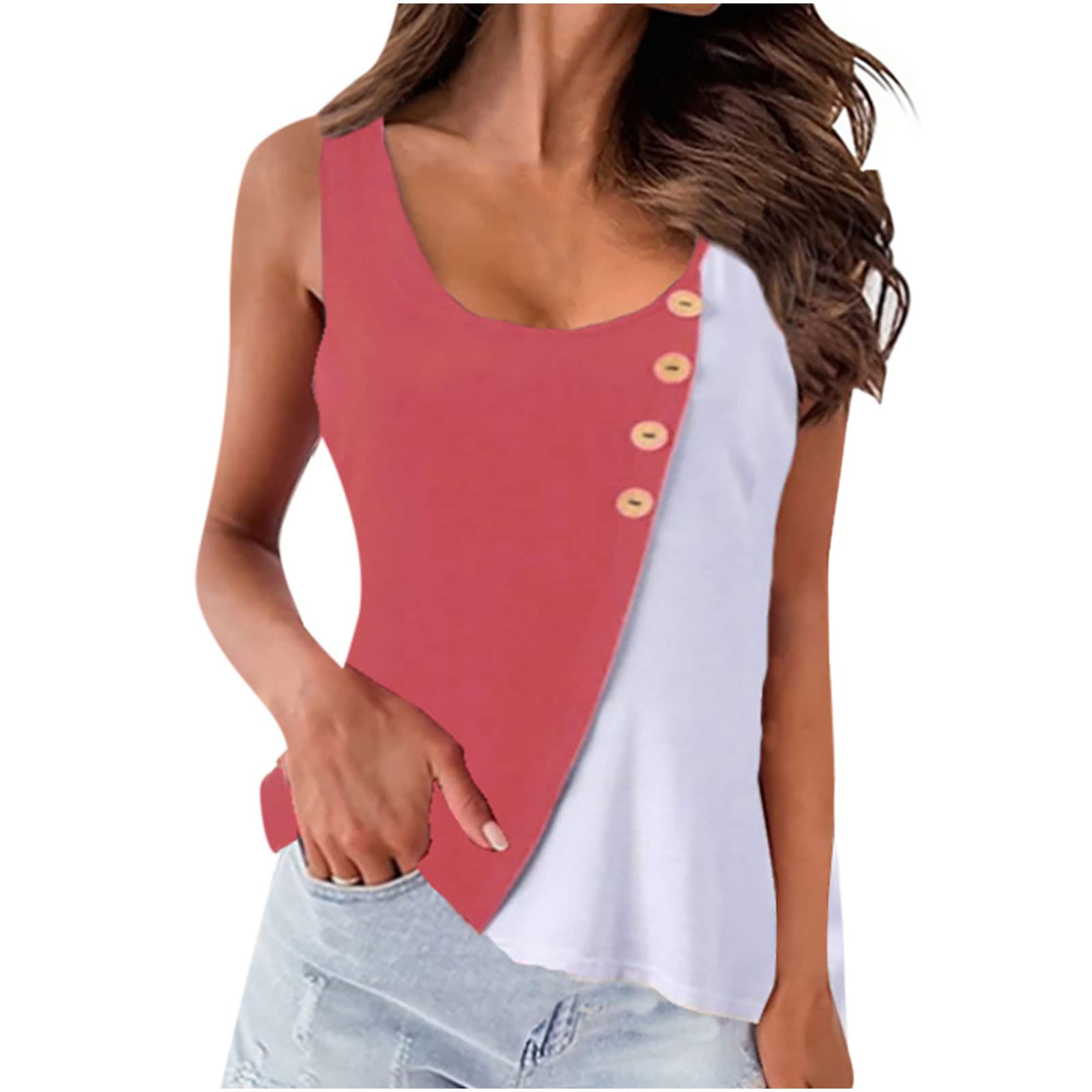 Women's Summer Tank Tops - Scoop Neck Casual T-Shirts, Color Block Loose Sleeveless Blouse with Buttons | Perfect for Beach, Vacation & Everyday Wear