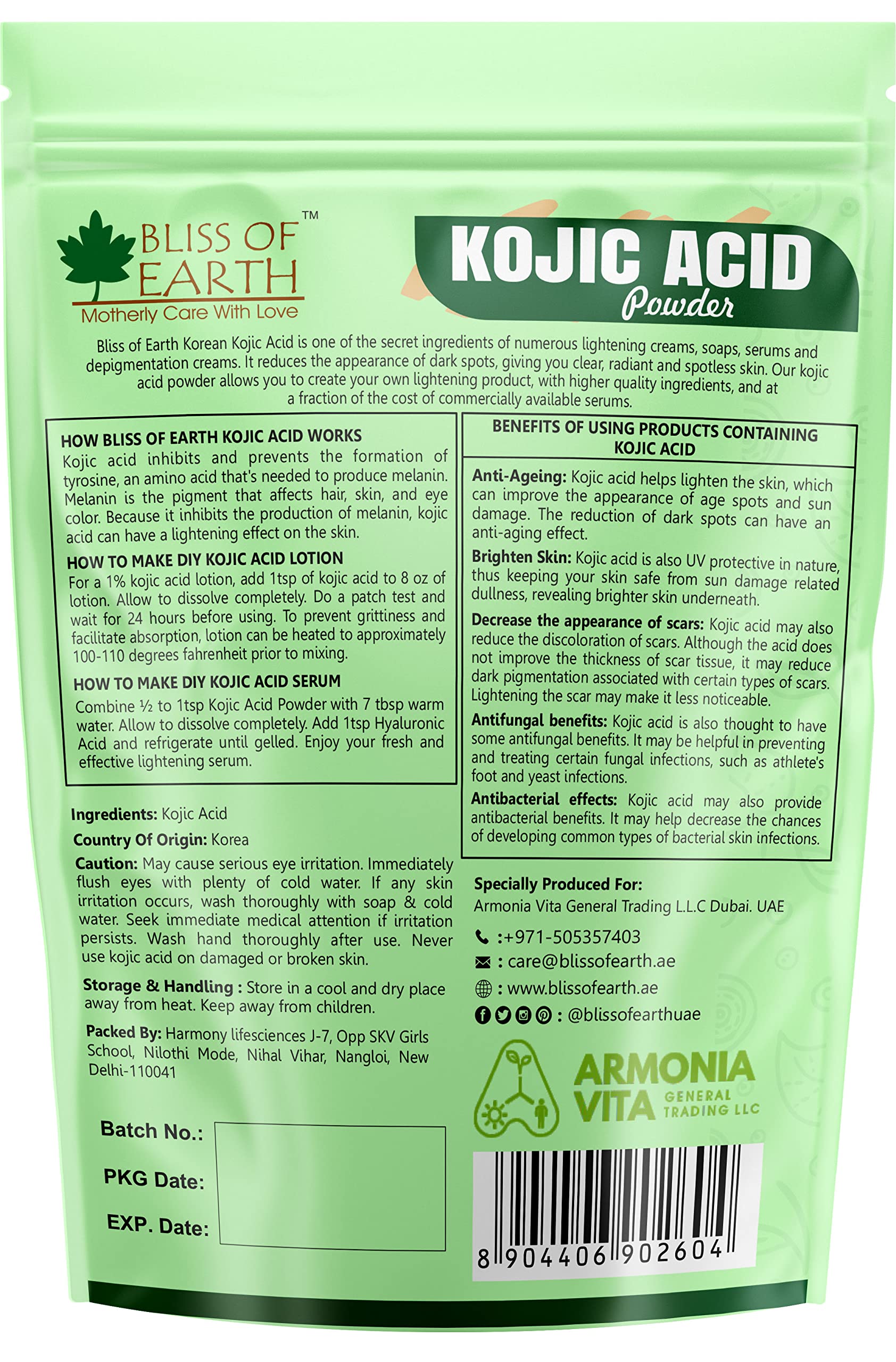 Bliss of Earth Korean Kojic Acid Dipalmitate Powder 56g - Skin Brightening, Soap Making & DIY Cosmetics - Natural Skin Whitening Solution for Even Tone & Dark Spot Reduction | Perfect for Homemade Soaps, Lotions & Skincare Products
