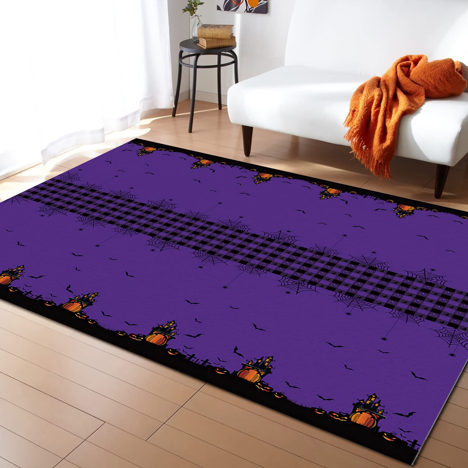 5'x7' Purple Black Halloween Area Rug - Haunted House Skull Pumpkins Bat Design for Indoor/Outdoor Use | Washable Carpet for Kids, Teens, Bedroom, Living Room, Bathroom, Office & Kitchen | Perfect for Halloween Decor, Dorm Room, and Party Themes