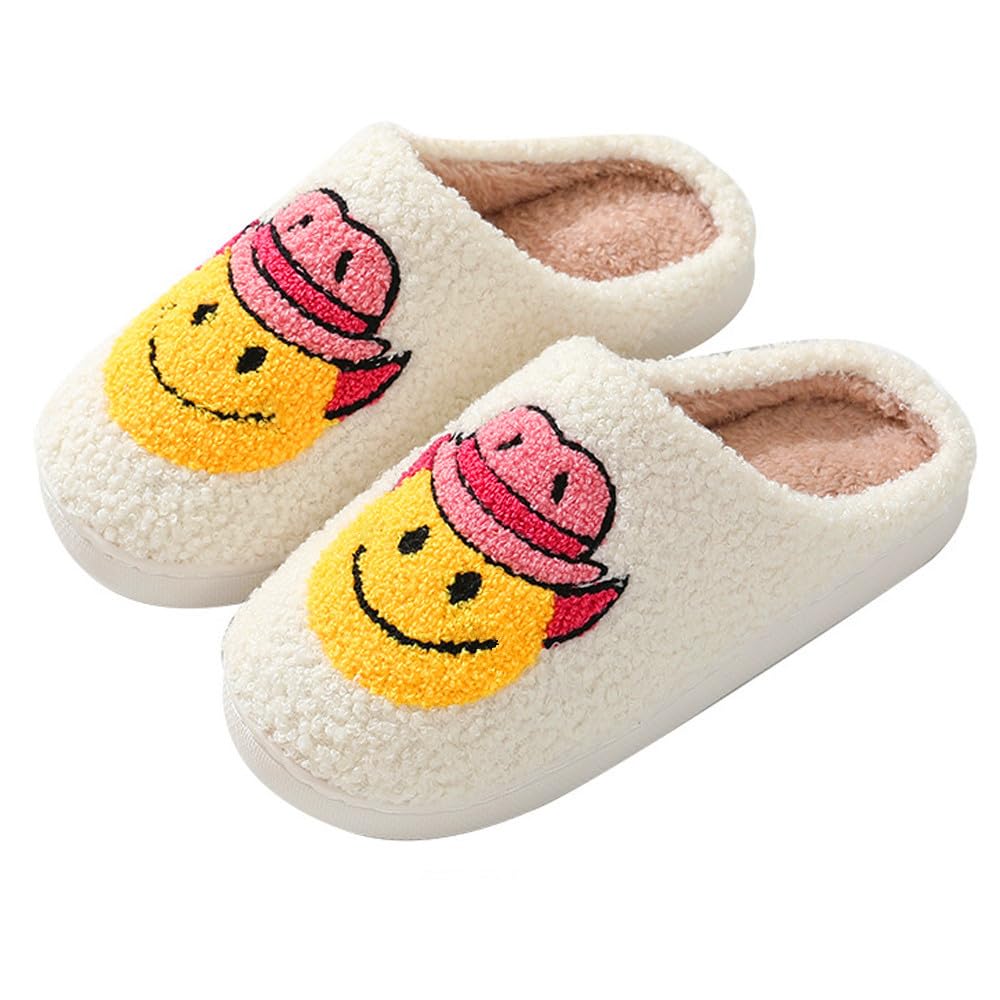 Happy Face Fuzzy Slippers for Women & Men - Cute Preppy Fluffy House Shoes for Indoor & Outdoor Use - Perfect for Cozy Home Wear, Dorm Life, and Casual Outings