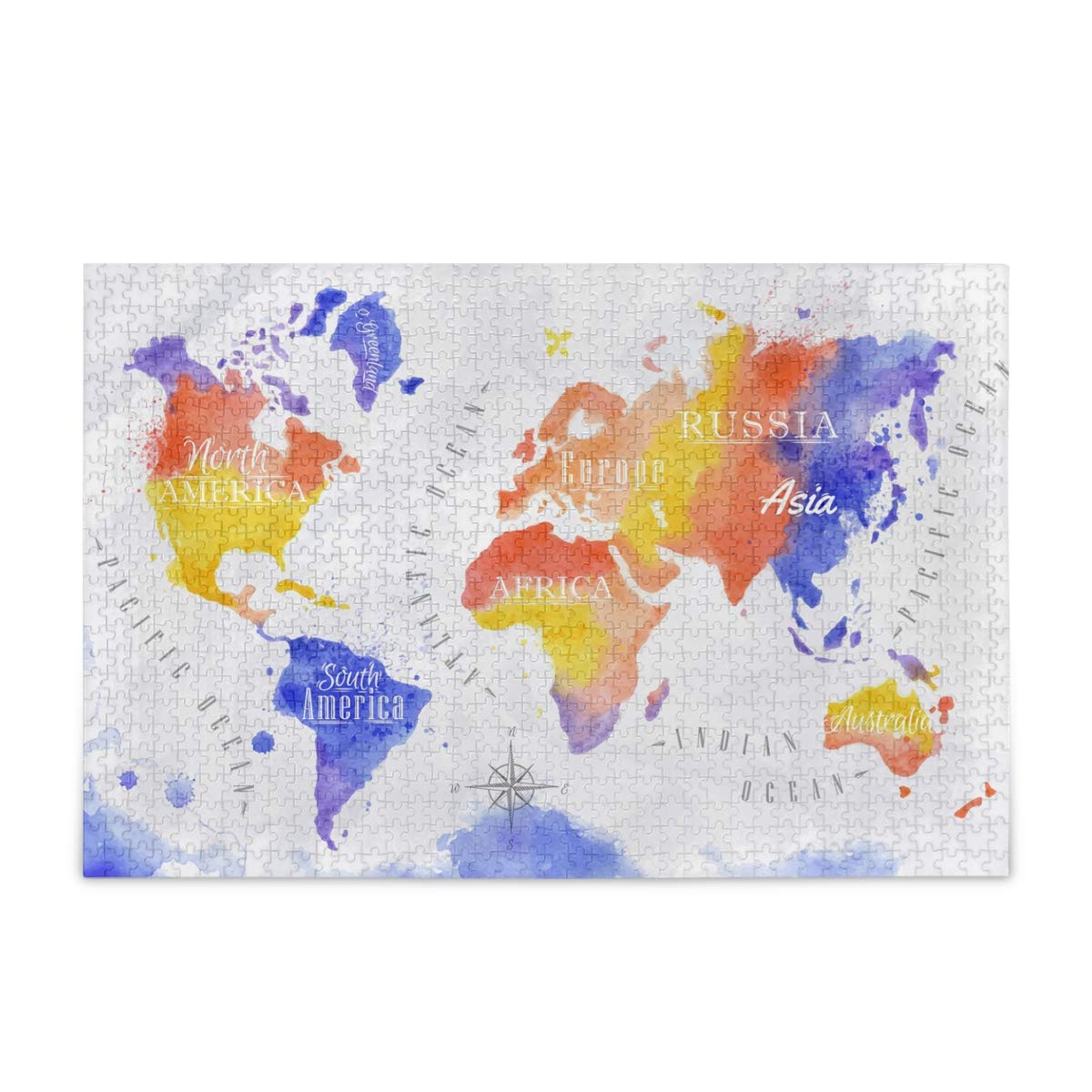 500-Piece Watercolor World Map Puzzle for Adults & Kids - Unique Jigsaw with Compass Design - 15