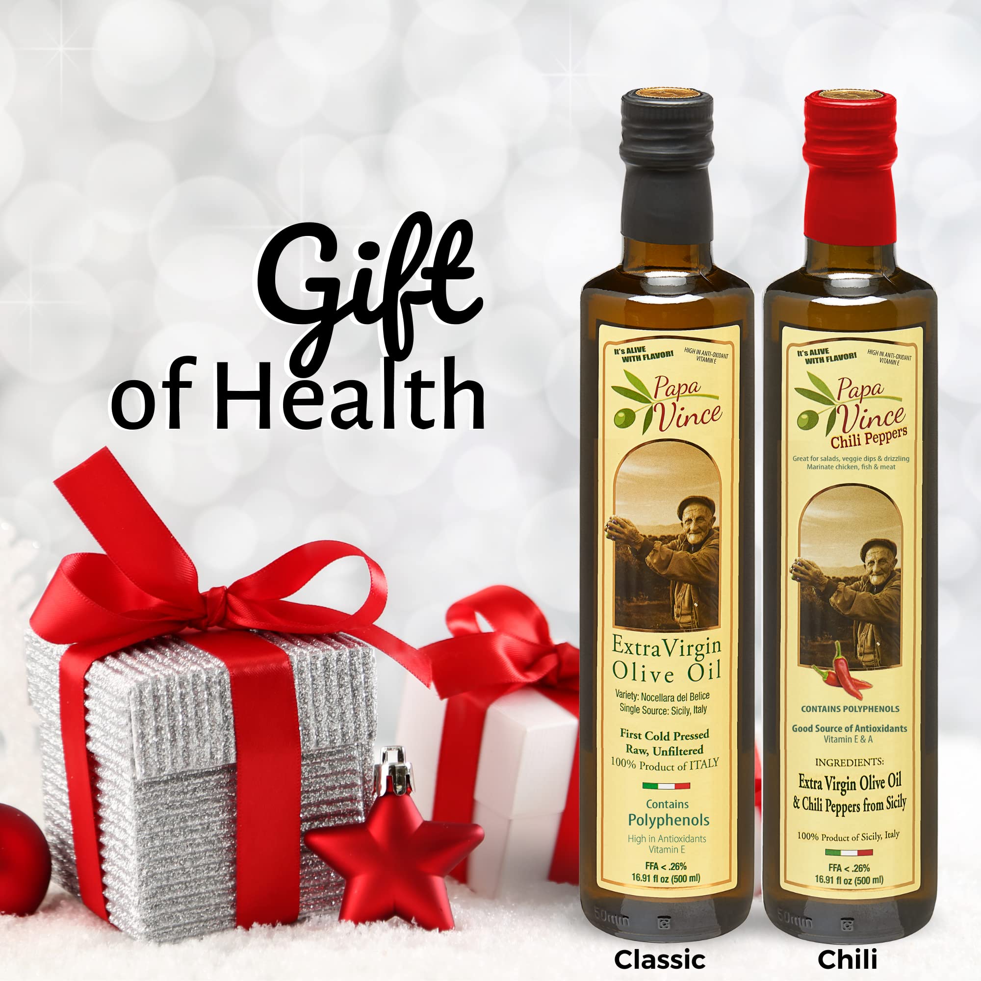 Premium Organic Extra Virgin Olive Oil - Papa Vince Cold Pressed Polyphenol Rich EVOO | Early Harvest, Unfiltered & Unrefined | Vitamin Rich with Amazing Taste | 2-Pack (Classic & Chili Oil) | Perfect for Salads, Cooking & Gourmet Dipping