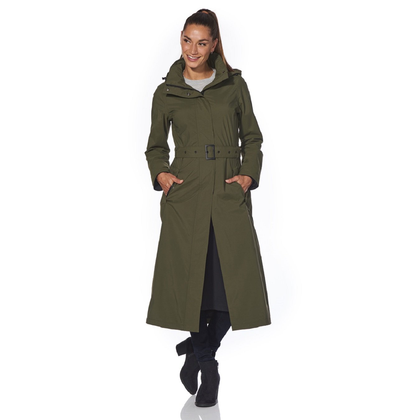 Happy Rainy Days Women's Waterproof Long Jacket - Moss Green/Dark Green Raincoat for Outdoor Walking, Commuting & Travel