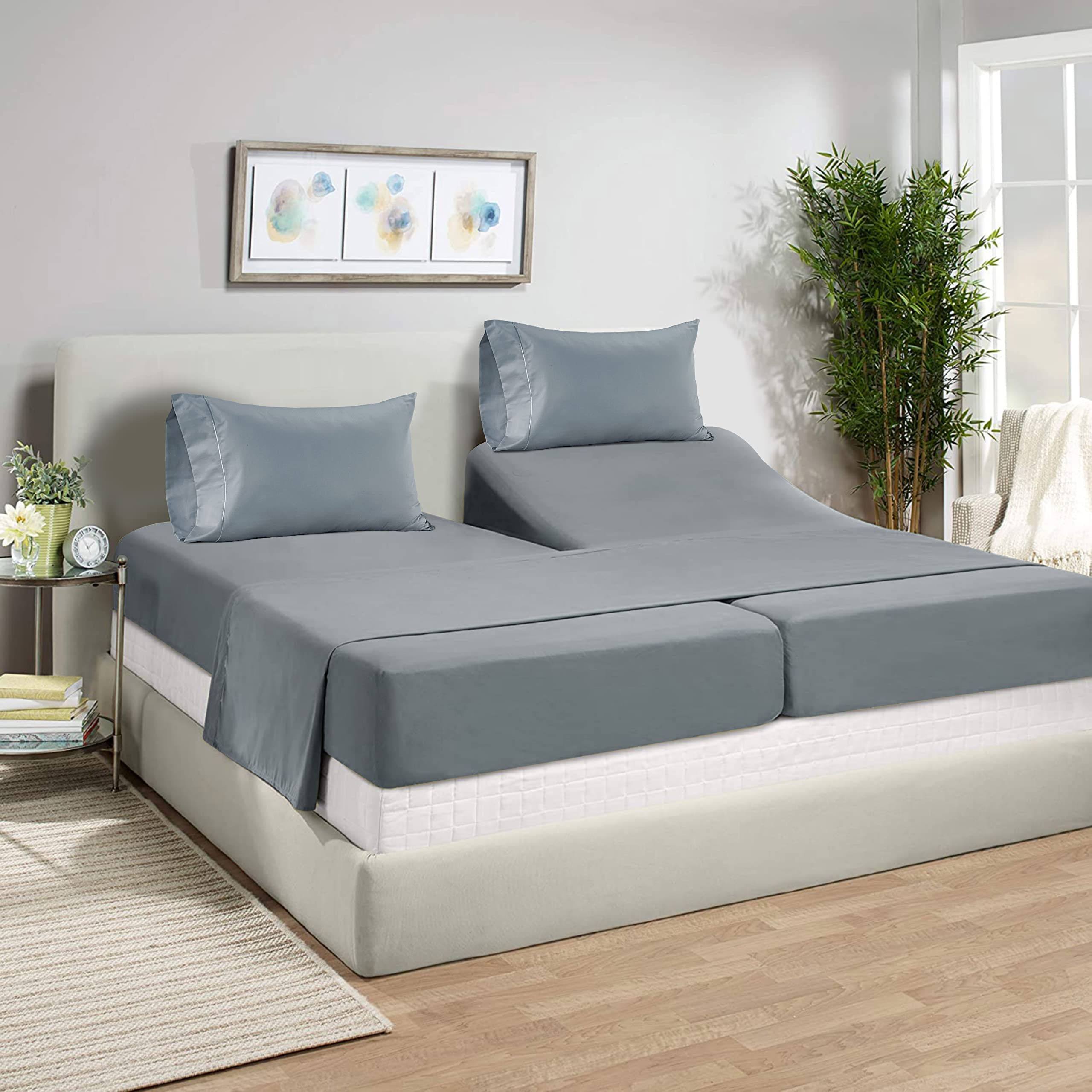 Premium 1000 TC 100% Egyptian Cotton Split King Bed Sheets Set - Soft Mercerized Cotton with Silky Finish, Fade & Pill Resistant - Adjustable Bed Friendly Luxury Bedding (French Blue) for Master Bedroom, Guest Room & Vacation Homes