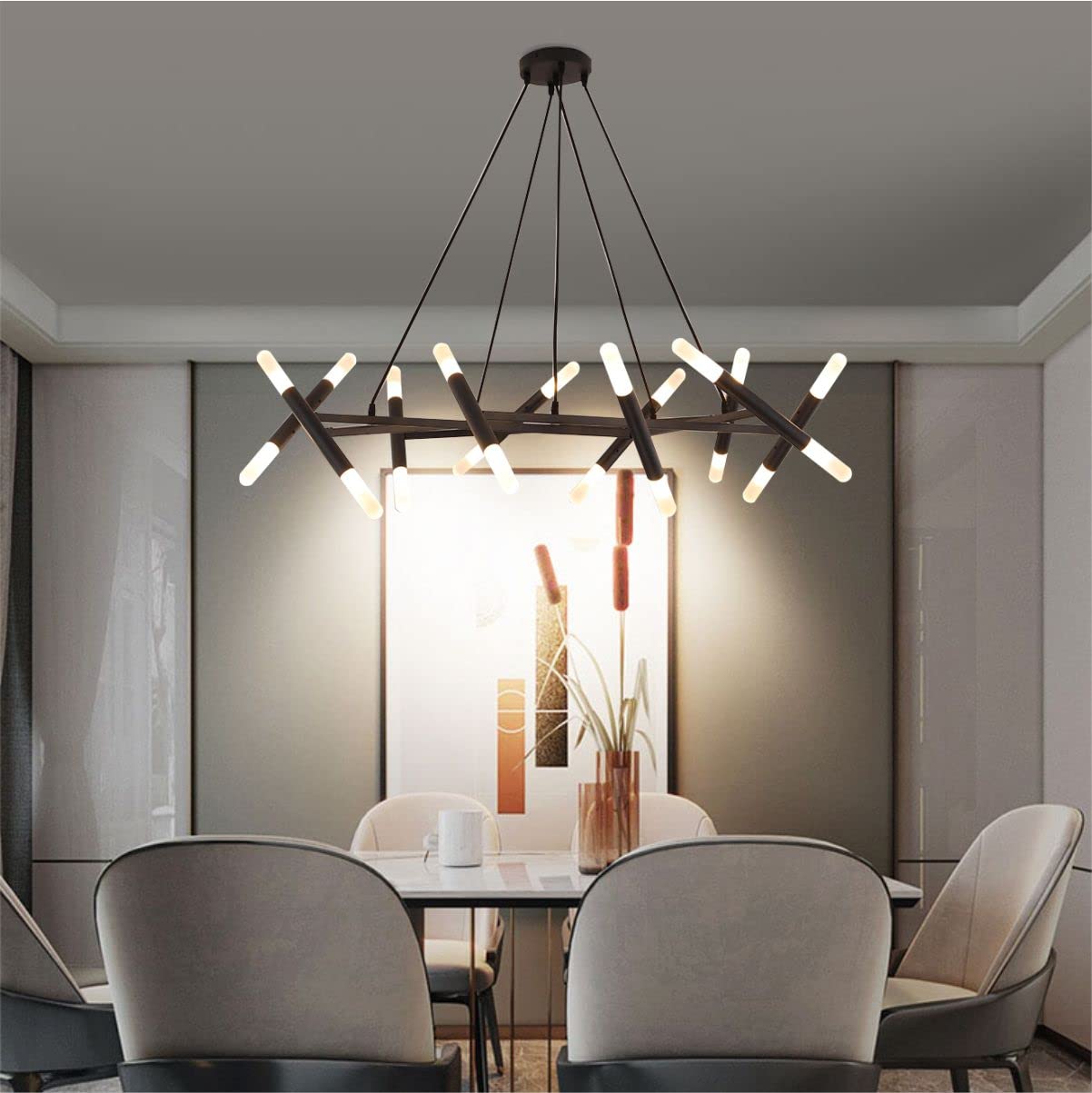 Mid Century Modern 20-Lights G4 LED Black Chandelier - Nordic Style Polygonal Pendant Lighting Fixture for Kitchen Island, Dining Room, Living Room & Farmhouse | Adjustable Hanging Light for Home Decor