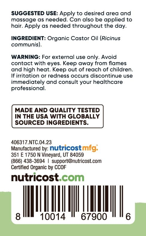Nutricost Organic Cold Pressed Castor Oil 8 oz - 100% Pure Unrefined Castor Oil for Hair Growth, Skin Moisturizer & Face Care | Natural Eyelash & Eyebrow Treatment | DIY Beauty & Massage Oil