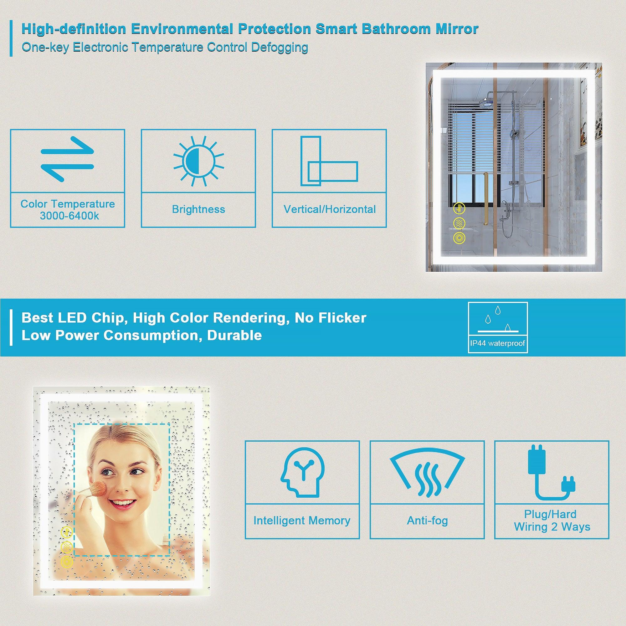 Anti-Fog LED Bathroom Mirror with Backlit Illumination - Touch Switch & Dimmable Light for Makeup Vanity, Shaving, and Home Decor