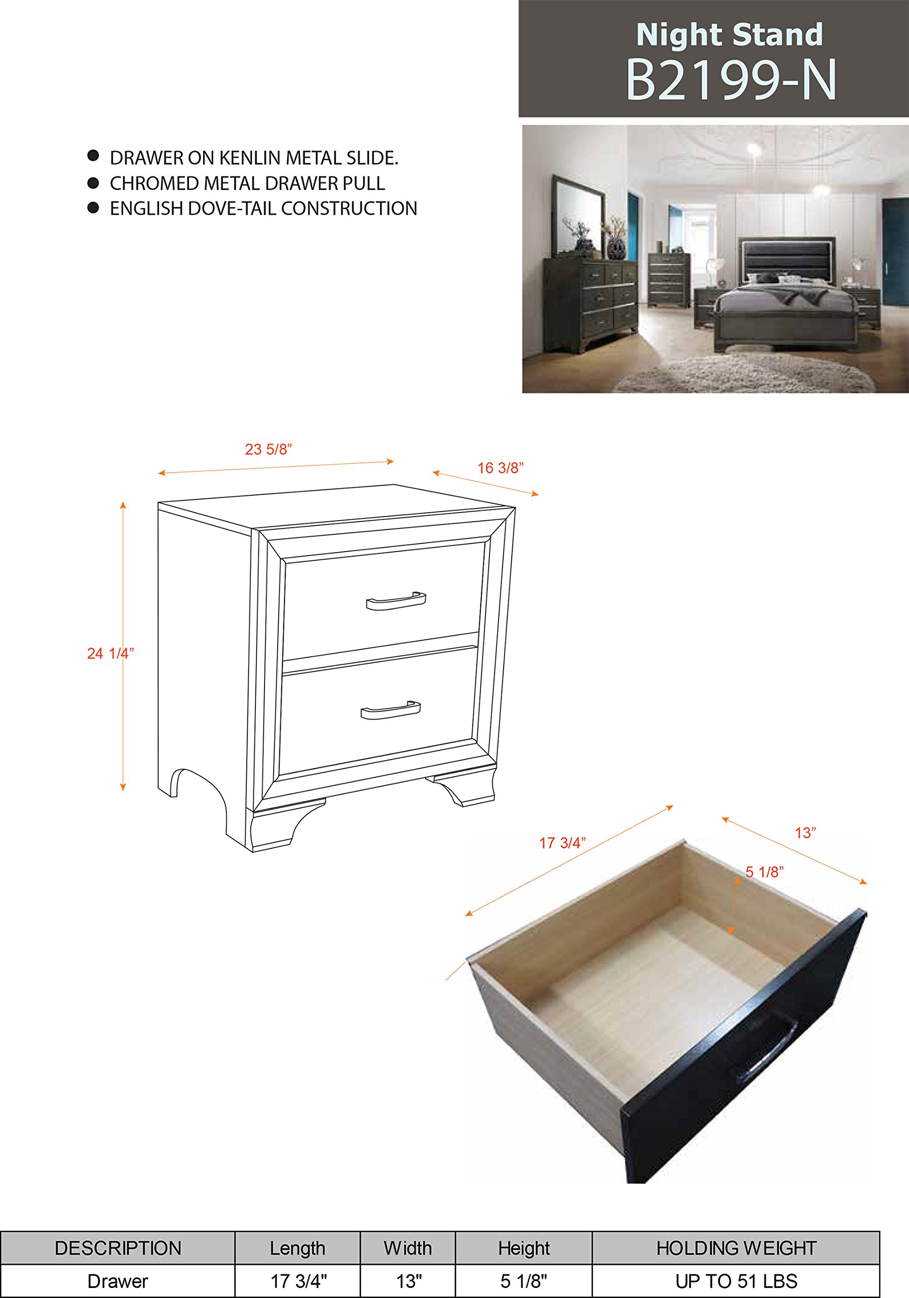 Kings Brand Furniture - Oceana Gray Wood 2 Drawer Nightstand with USB Port | Modern Bedside Table for Bedroom, Living Room & Guest Room | Solid Wood Night Stand with Storage