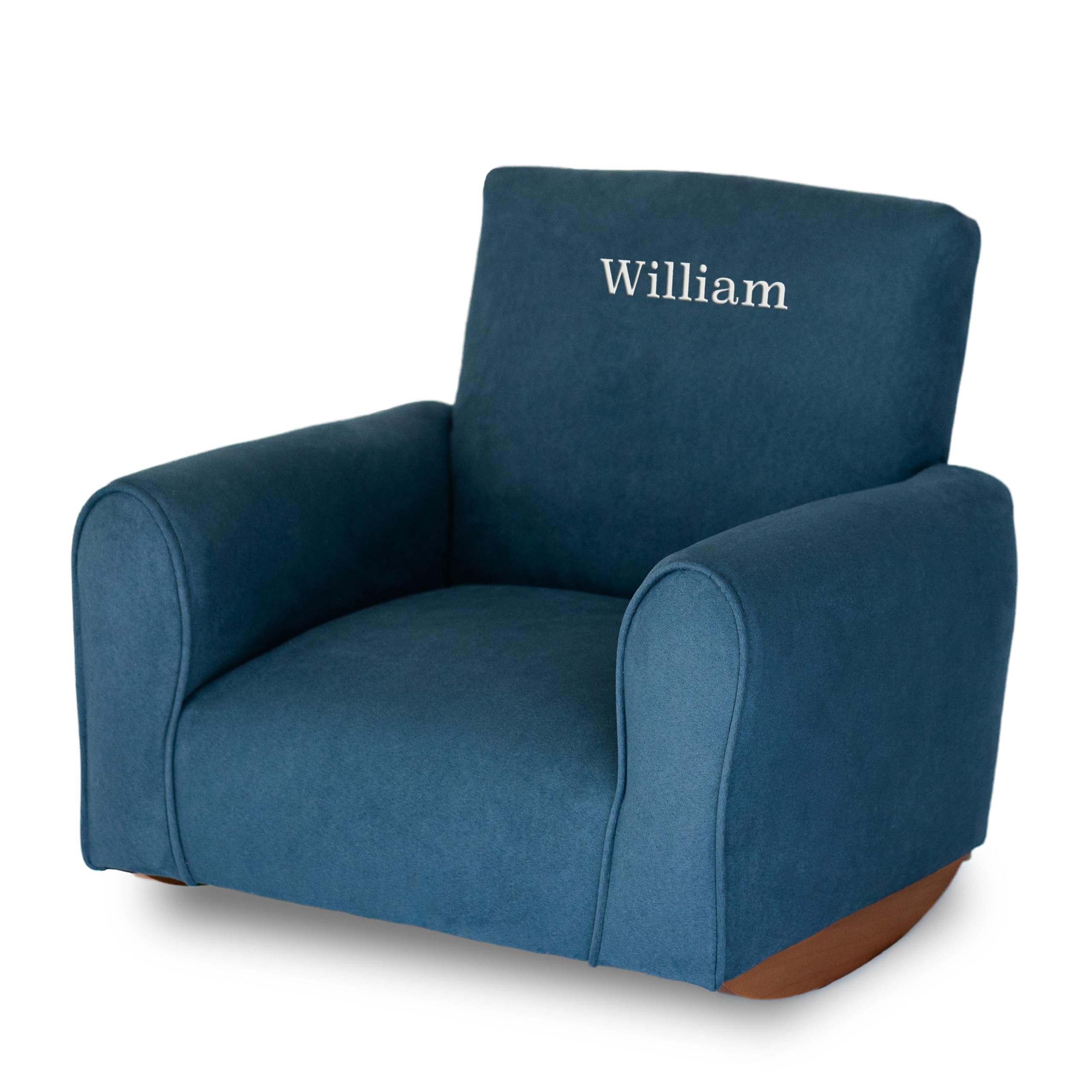Personalized Kids Rocking Chair with Name - Navy Suede Upholstered Toddler Armchair | Comfortable & Customizable Nursery Furniture for Playroom, Bedroom or Gift