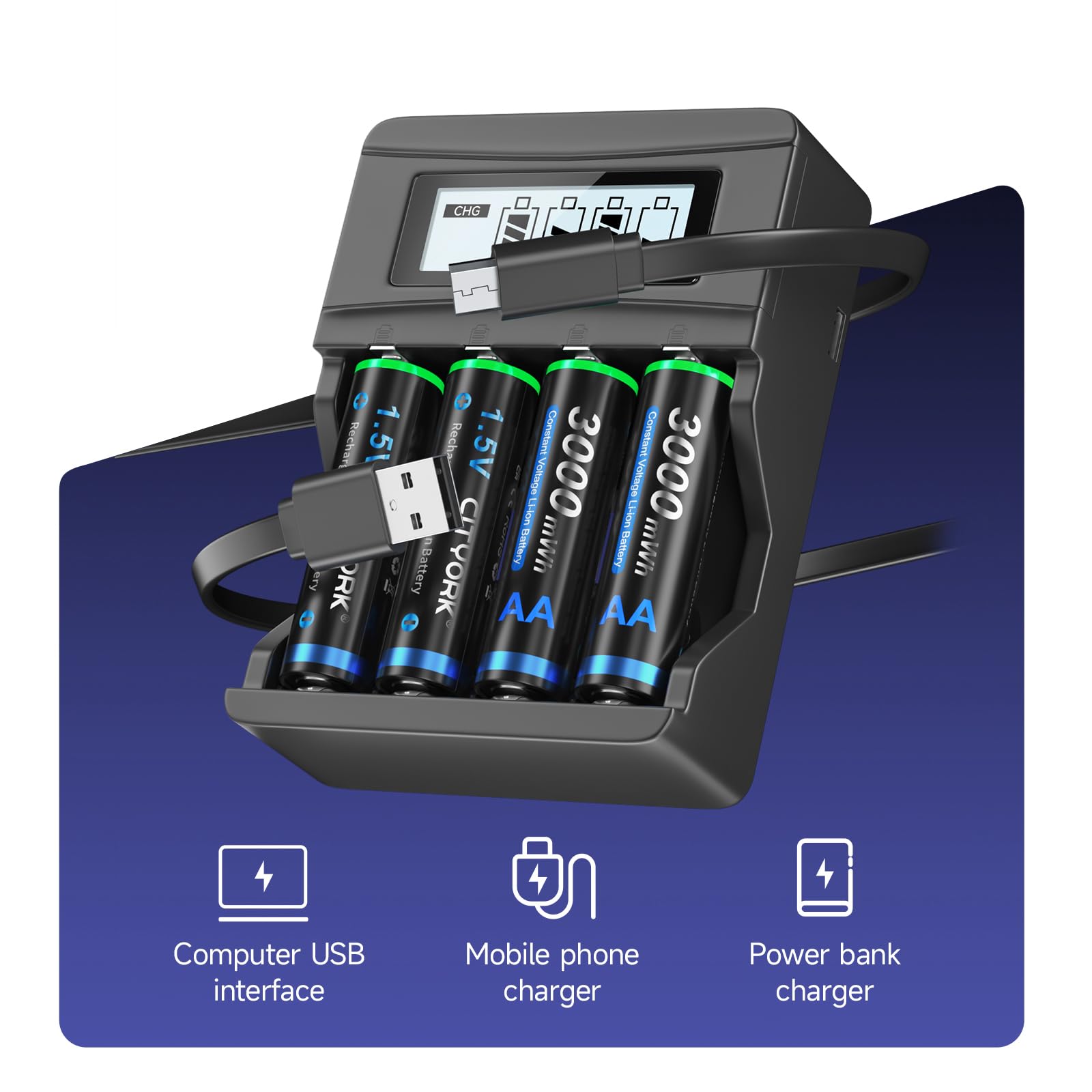 CITYORK 8 Pack USB AA 3000mWh Rechargeable Lithium Batteries with 4 Bay Fast Charger - 1.5V Li-ion Battery Set Includes 4-in-1 Type-C Cable - Perfect for Cameras, Game Controllers, Flashlights & Wireless Devices