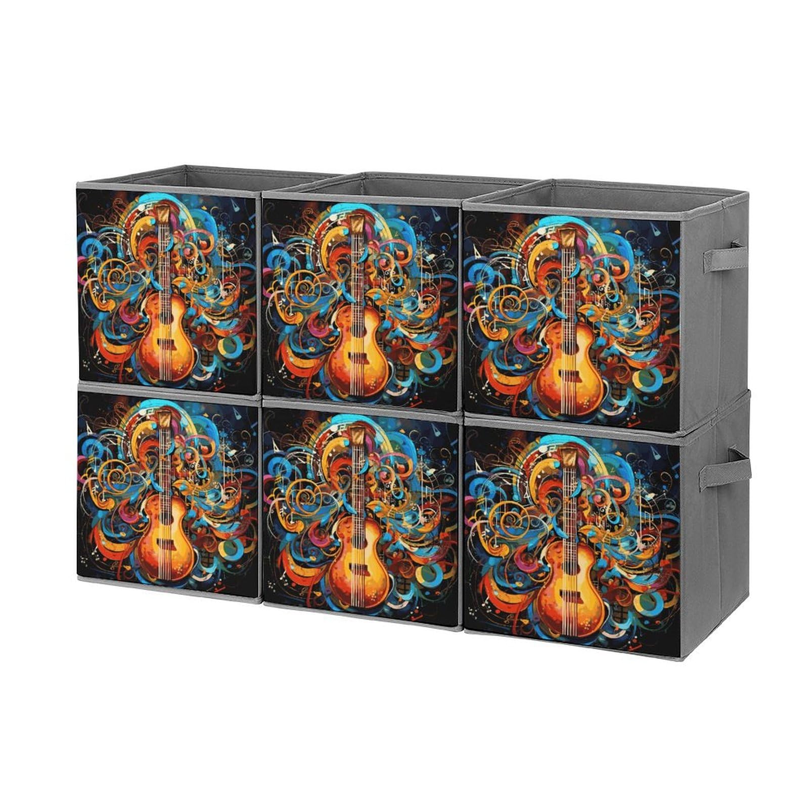 6-Piece Collapsible Storage Bins with Handles - Music Series Printed Foldable Organizing Baskets for Home, Office, Closet & Shelves - Space Saving Storage Containers for Household Organization & Decor