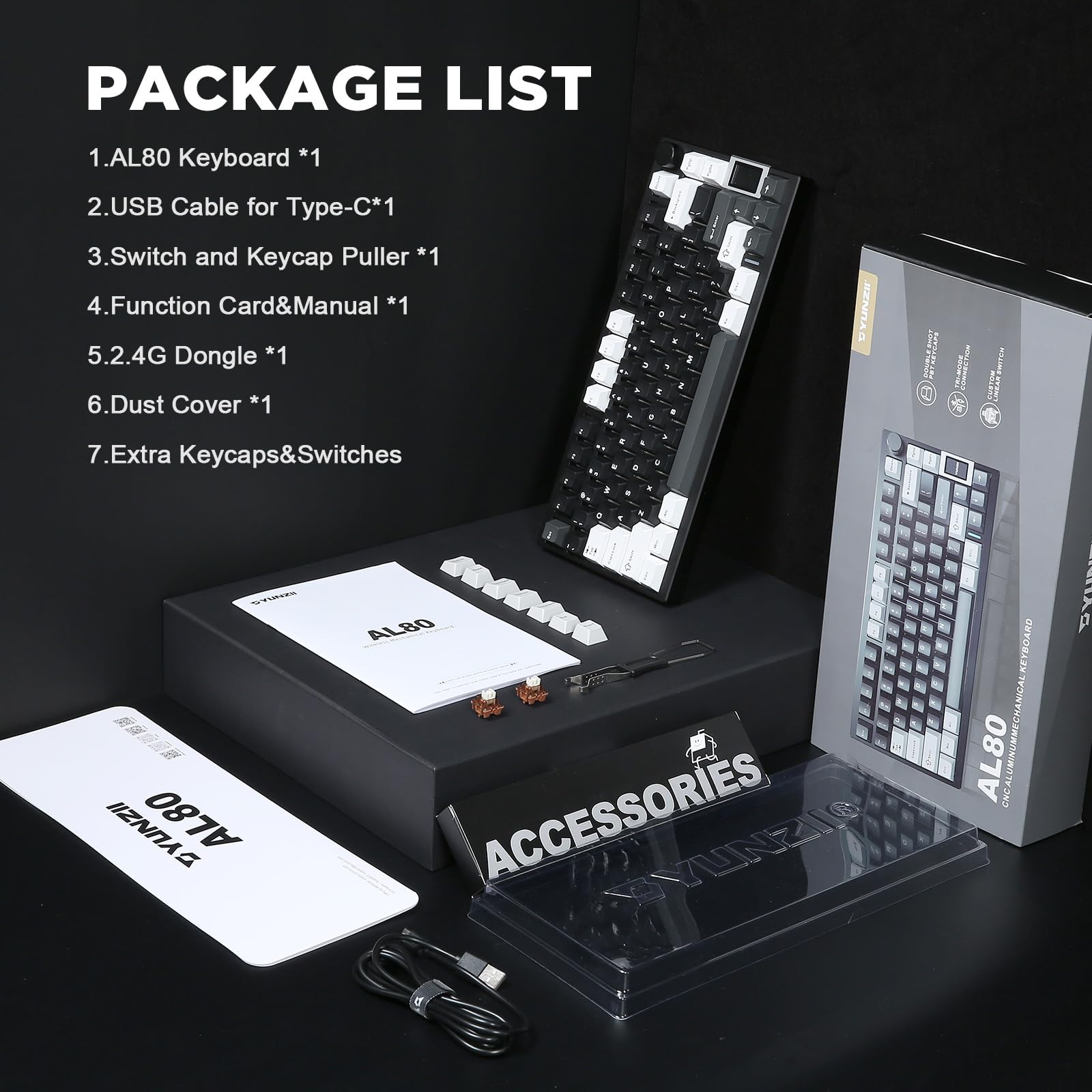 YUNZII AL80 Wireless Mechanical Keyboard - Full Aluminum CNC, Smart LCD Display, Hot Swappable Gasket Mount 75% Layout with Knob, Bluetooth/2.4G/USB-C, QMK/VIA Support for Windows/Mac (Black, Gateron Zero Switch) - Perfect for Gaming, Typing & Office Work
