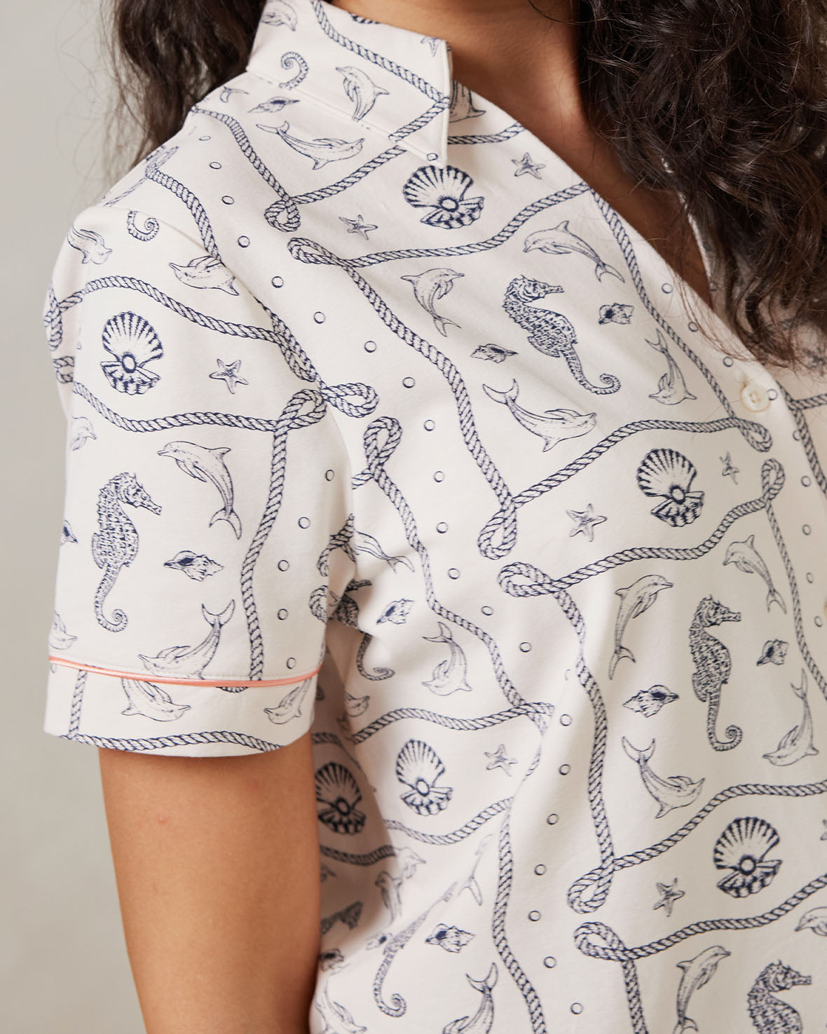 Organic Cotton Under the Sea Scarf Print Short Pajama Set for Women - Comfortable Sleepwear for Summer Nights & Beach Vacations