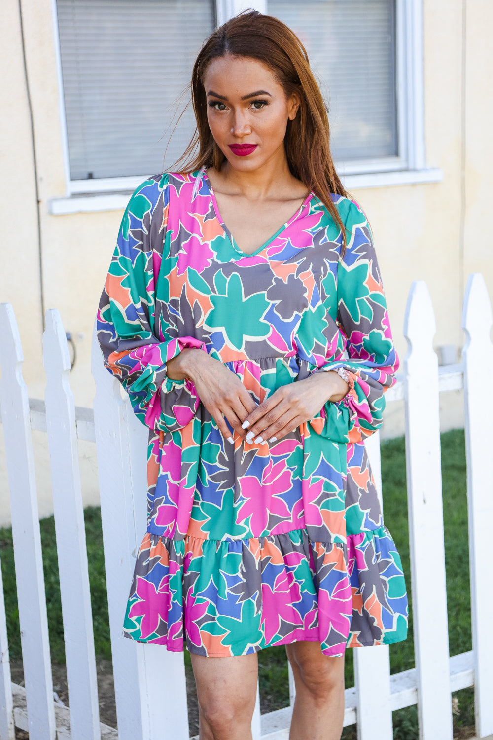 Lock Eyes Stone Green Long Sleeve V-Neck Ruffle Hem Babydoll Dress - Elegant Party Wear for Women, Date Night Outfit, Spring Summer Casual Dress
