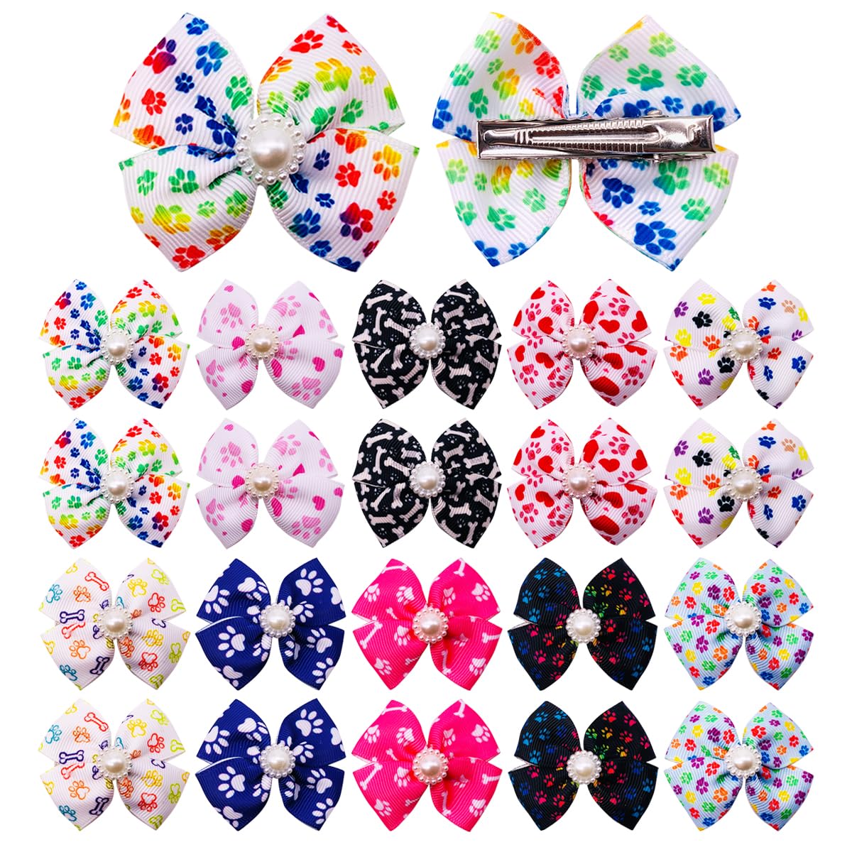 20pcs Dog Hair Bows with Alligator Clips - Small & Medium Pet Grooming Accessories for Dogs, Cats, Puppies & Yorkshire - Assorted Paw Bone Printed Bowknot Hair Clips - Perfect for Pet Shows, Grooming & Daily Styling