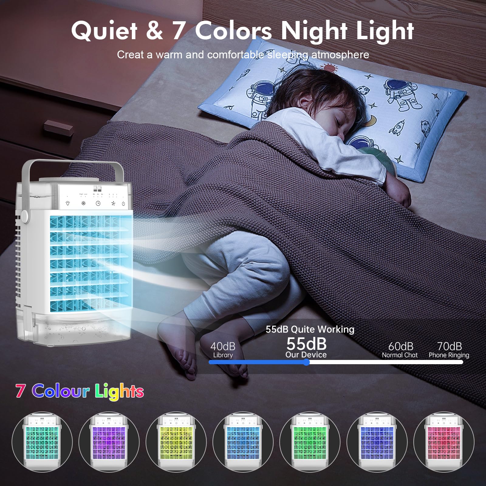 Portable Air Conditioner & Air Cooler - Mini Evaporative AC with Remote, 3 Speed Settings, 2/4/8H Timer, 3 Modes, Colorful Night Light - Perfect for Bedroom, Office, Car & Small Spaces | Stay Cool Anywhere