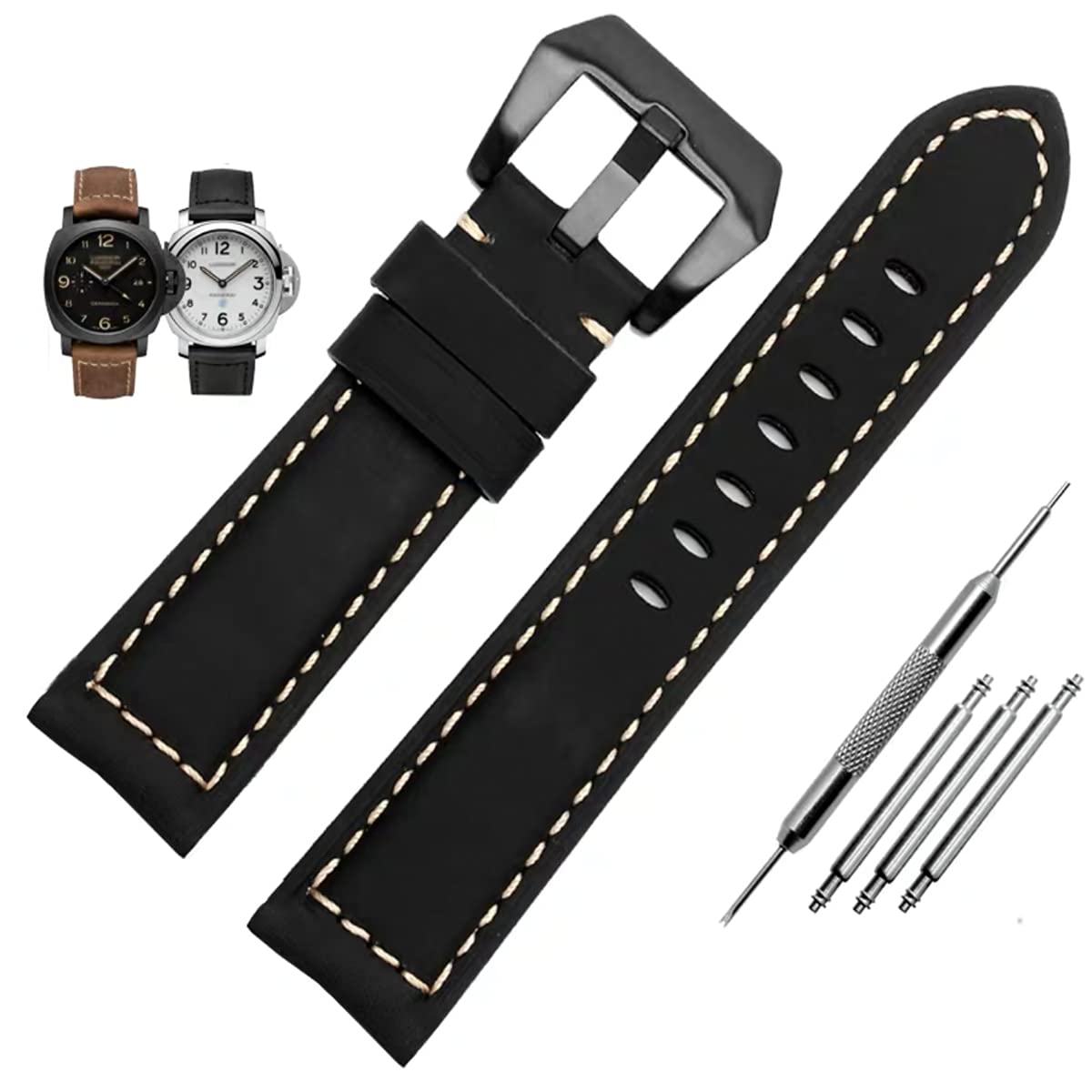 Leather Watch Bands for Men - Vintage Top Grain Genuine Leather Watch Strap Replacement Band 20mm 22mm 24mm 26mm - Compatible with Panerai & Luxury Watches - Perfect for Business, Casual & Formal Occasions