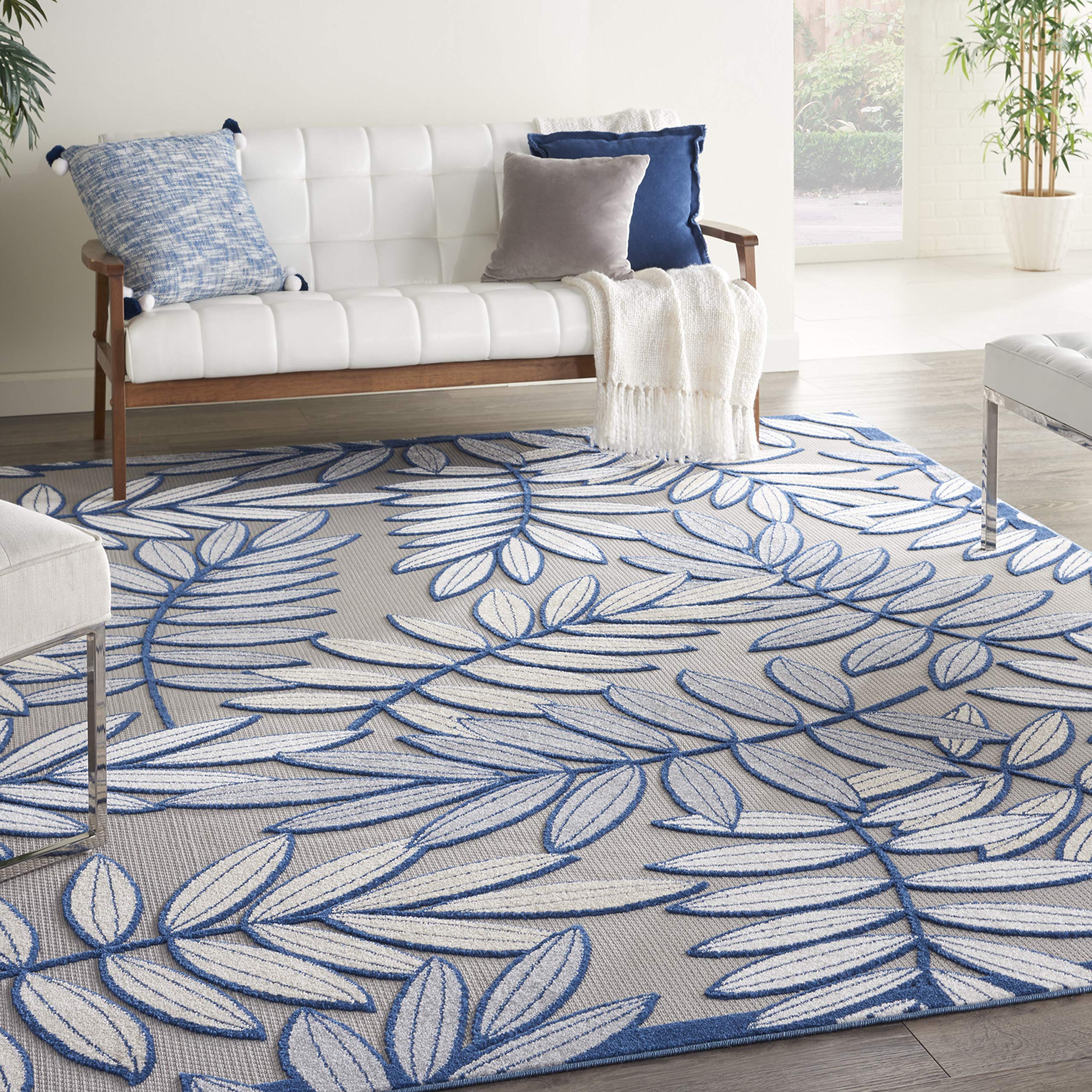 Nourison Aloha 9' x 12' Indoor/Outdoor Area Rug - Ivory/Navy, Easy to Clean, Non-Shedding, Stain Resistant | Perfect for Bedroom, Living Room, Dining Room, Backyard, Deck & Patio (9x12)