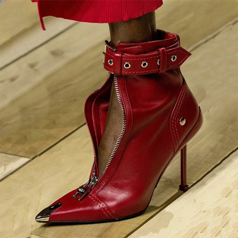 Women's Fashion Pointed Toe Ankle Boots with Belt Buckle & Front Zipper - Red High Heels for Autumn Winter - Stylish Metal Decorated Short Boots for Office, Party & Night Out