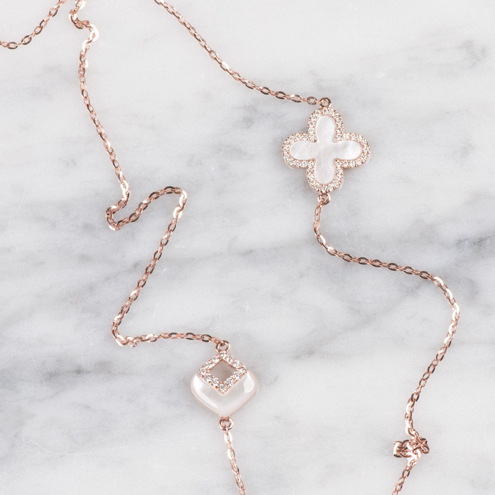 14K Rose Gold Mother of Pearl and Diamond Cutout Station Necklace - Elegant Layering Piece for Women, Perfect for Weddings, Anniversaries & Special Occasions