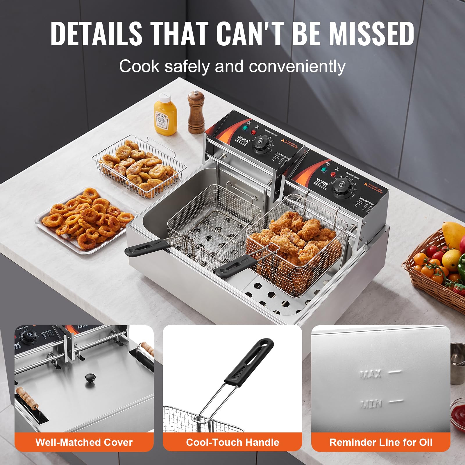 VEVOR 3000W Commercial Deep Fryer with 3 Removable Baskets, 18Qt Stainless Steel Electric Turkey Fryer for Restaurant & Home Kitchen - Perfect for Frying Chicken, Fish, French Fries & More