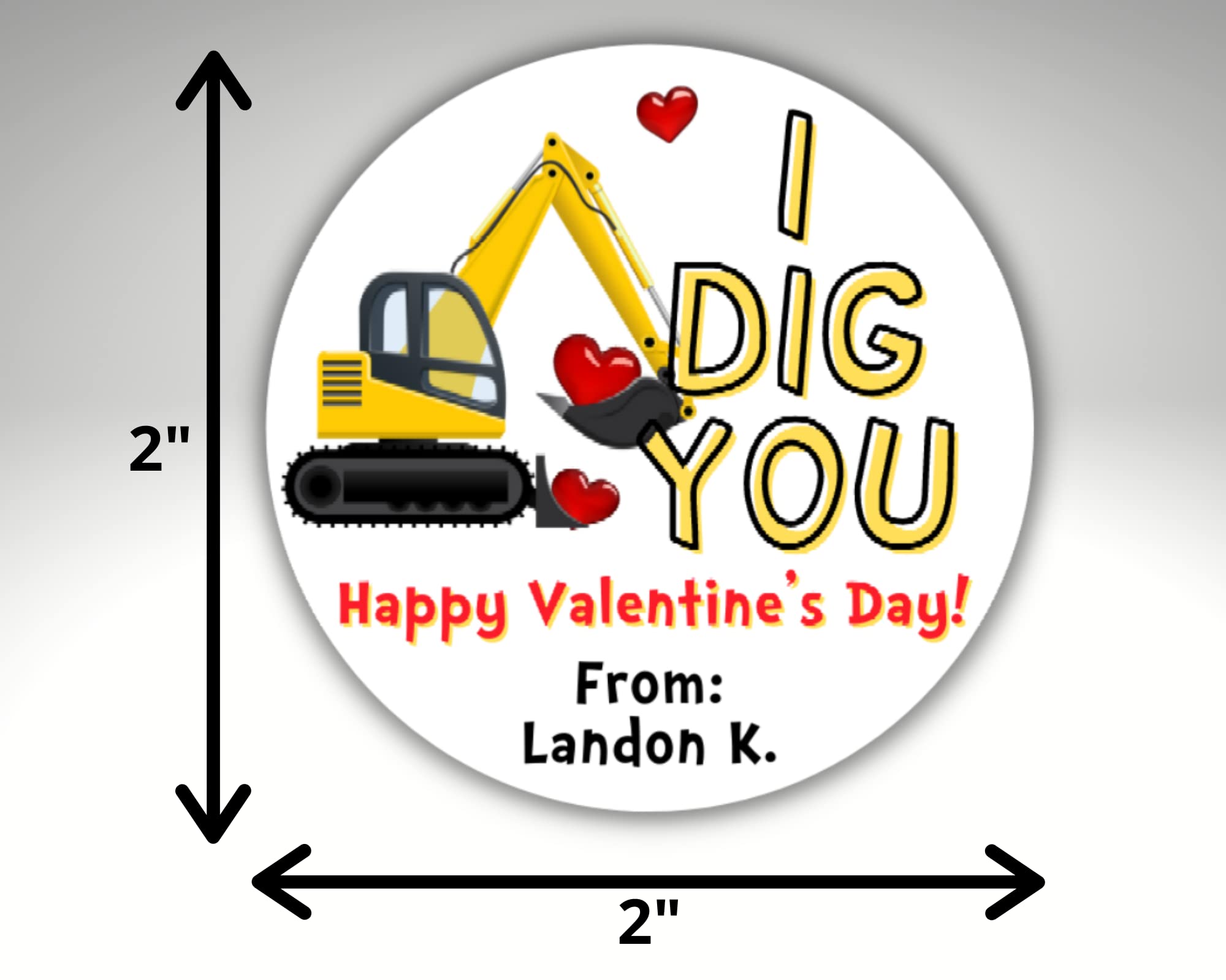 Custom Construction Digger Valentine's Day Stickers for Kids - 20-Pack 2 Inch Classroom Valentines Favors - Personalized Boy's Valentine Labels for School Parties & Gifts