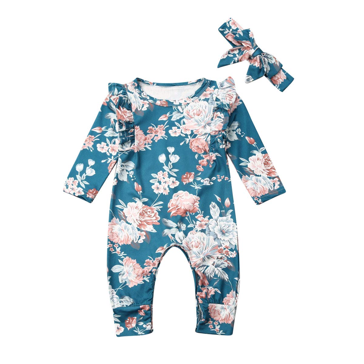 Newborn Baby Girl Floral Romper Jumpsuit with Headband - Soft Cotton Infant Bodysuit Outfit for Photoshoot, Birthday Party & Daily Wear