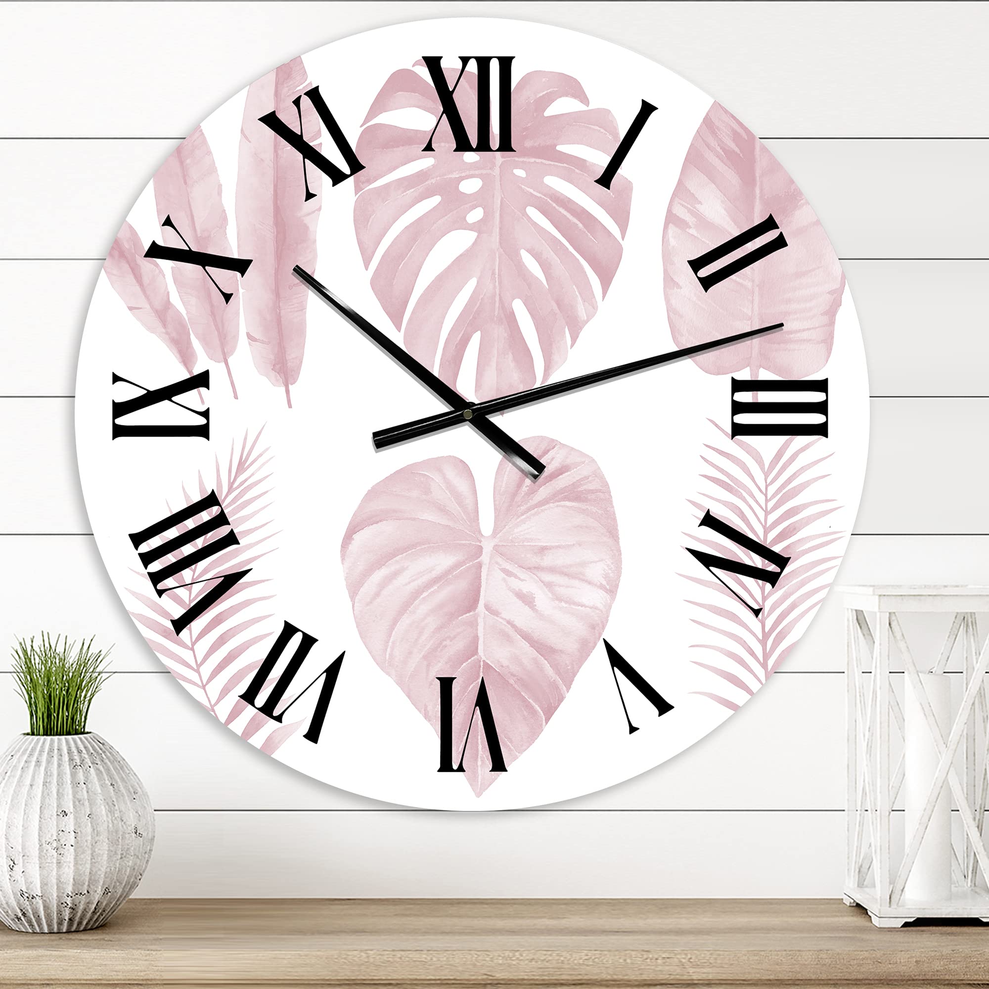 DesignQ Shabby Chic Wall Clock - Tropical Pink Watercolor Leaves Floral Botanical Large Wall Clock for Home Decor | Perfect for Living Room, Bedroom & Office