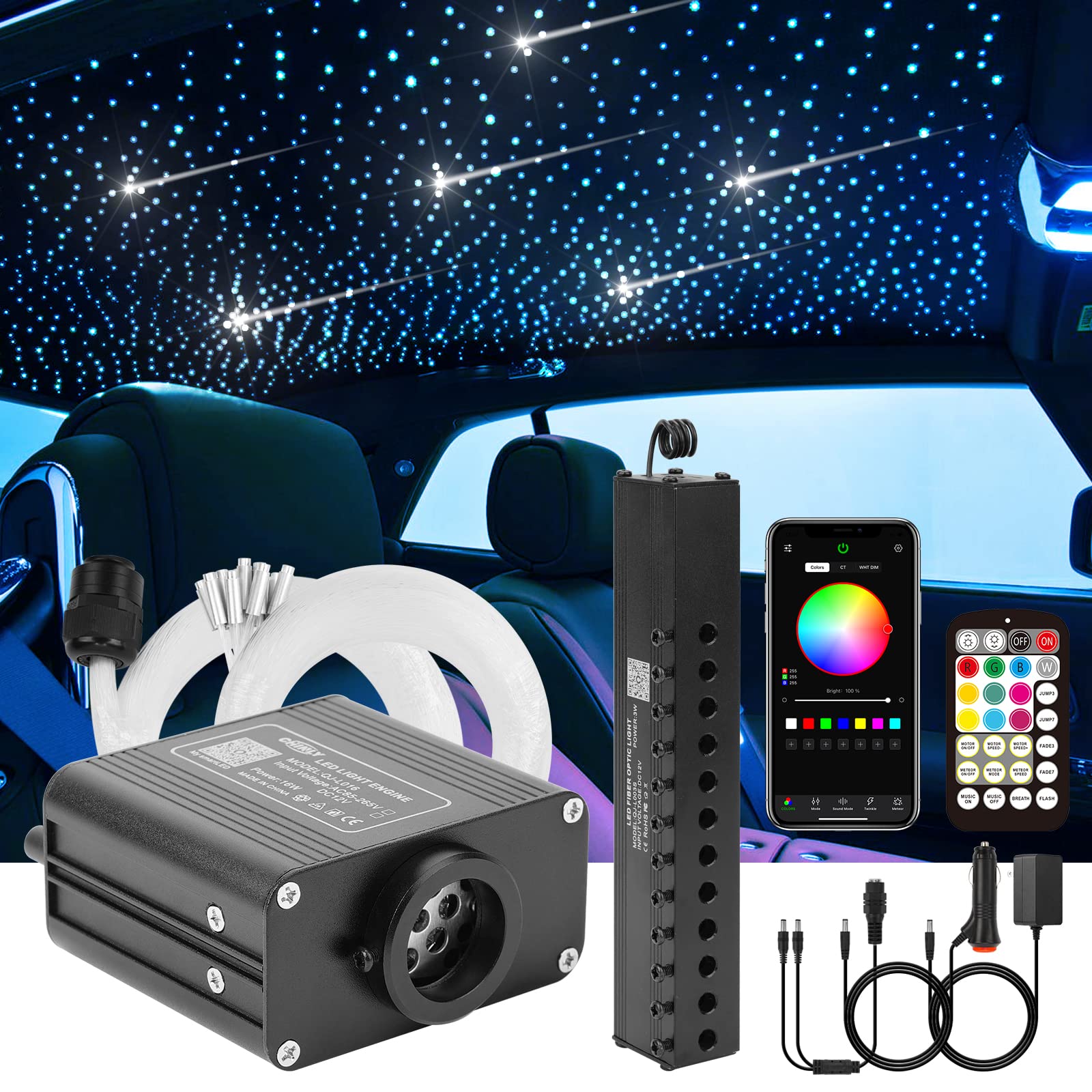 CHINLY Meteor Twinkle 460pcs 9.8ft 0.03in Star Fiber Optic Lights Kit with Shooting Stars, Bluetooth APP & Remote Control, RGBW LED Ceiling Lights for Car Headliner, Home Theater, Bedroom Decoration - Perfect for Parties, Romantic Nights & Ambient Lighting