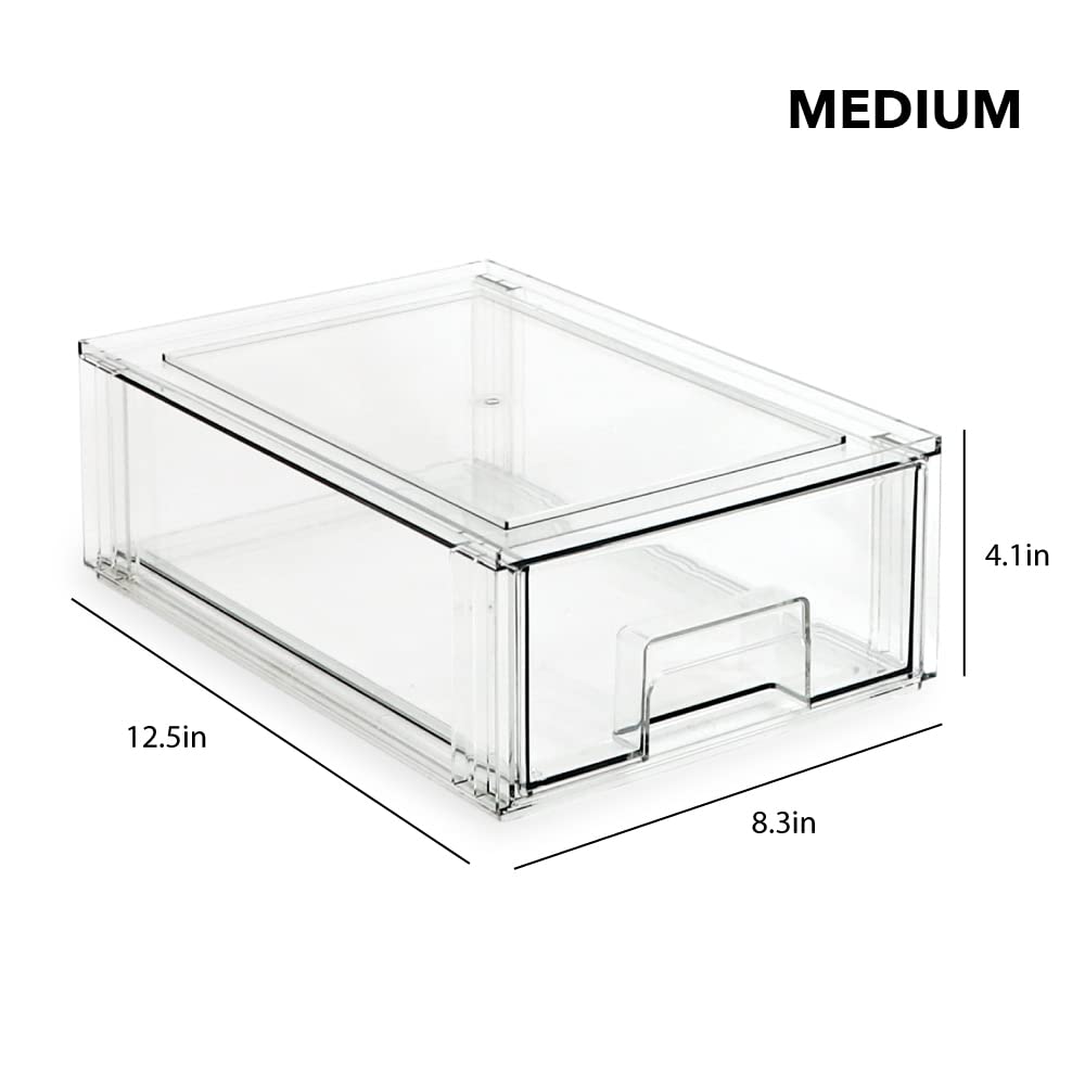 Isaac Jacobs Stackable Organizer Drawer Set - 1 Medium & 1 Large Clear Plastic Storage Bins | BPA-Free Pull-Out Drawers for Home, Office, Closet & Kitchen Organization | Perfect for Shoes, Toys, Pantry Items & Fridge/Freezer Storage