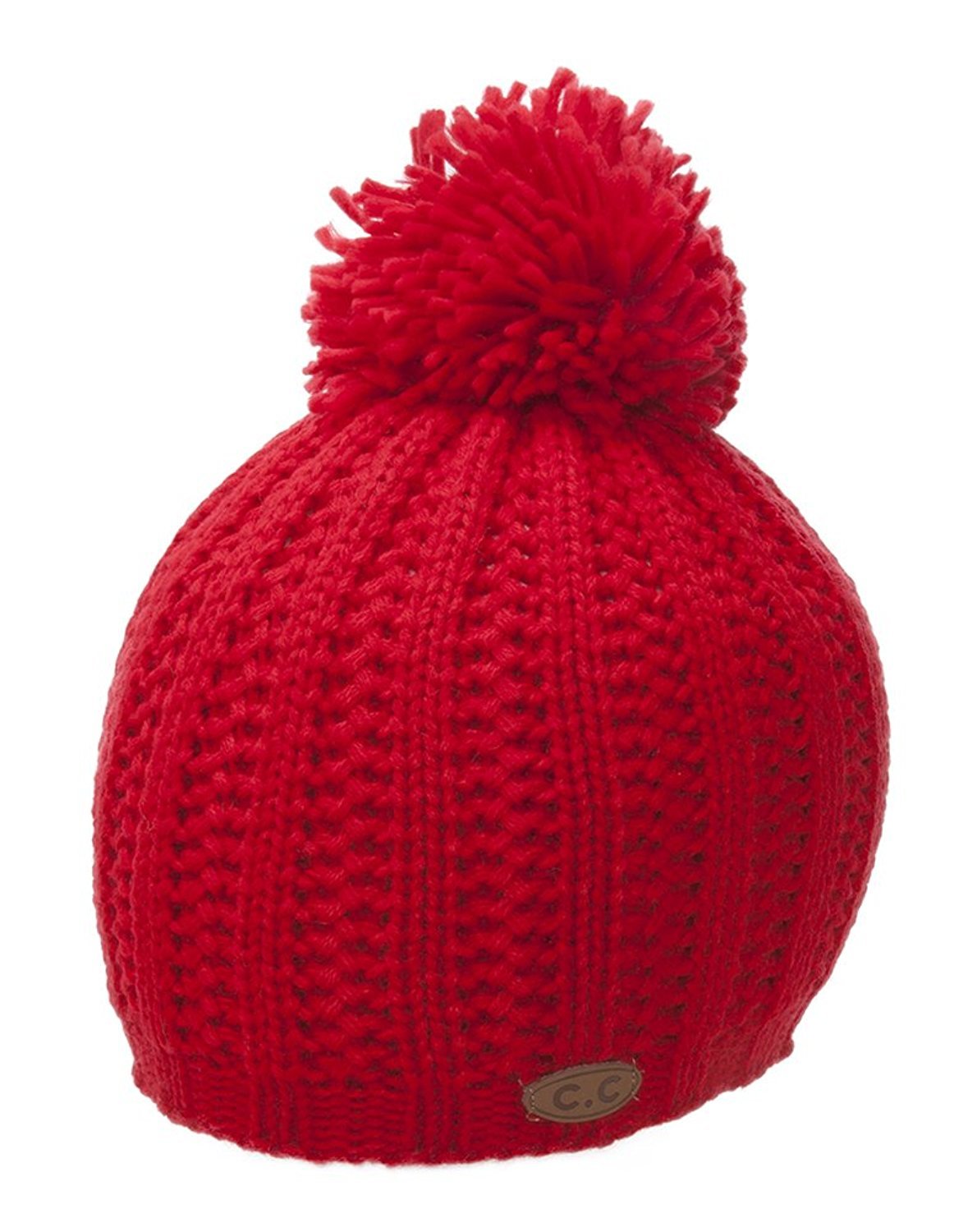 Warm Thick Acrylic Knitted Winter Beanie Hat with Faux Fur Pom Pom - Red - Perfect for Cold Weather, Outdoor Activities & Fashion Accessory
