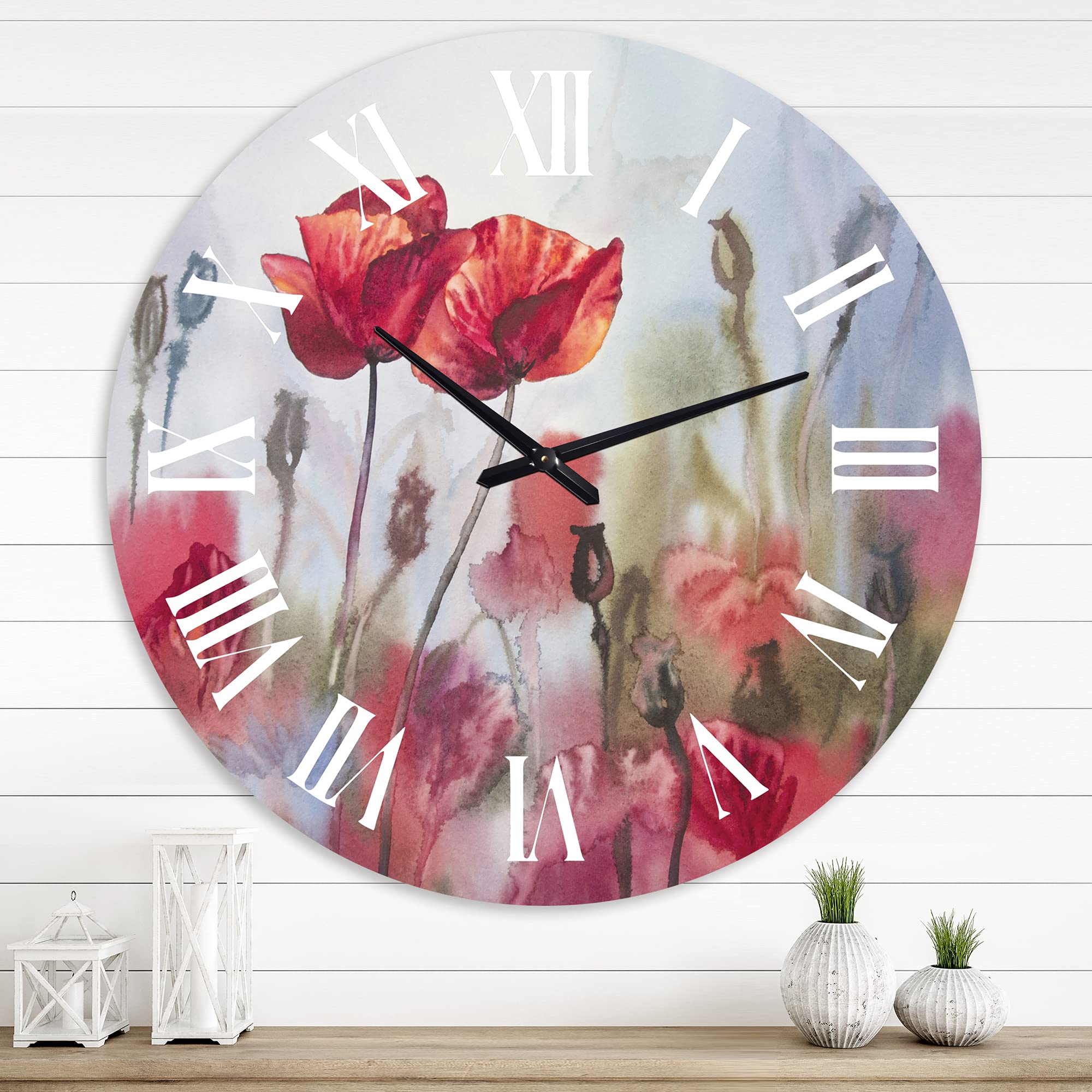 Blossoming Poppies in The Meadow Wall Clock - Large Floral Botanical Wall Decor for Living Room, Bedroom & Office - Silent Non-Ticking Home Decor Gift