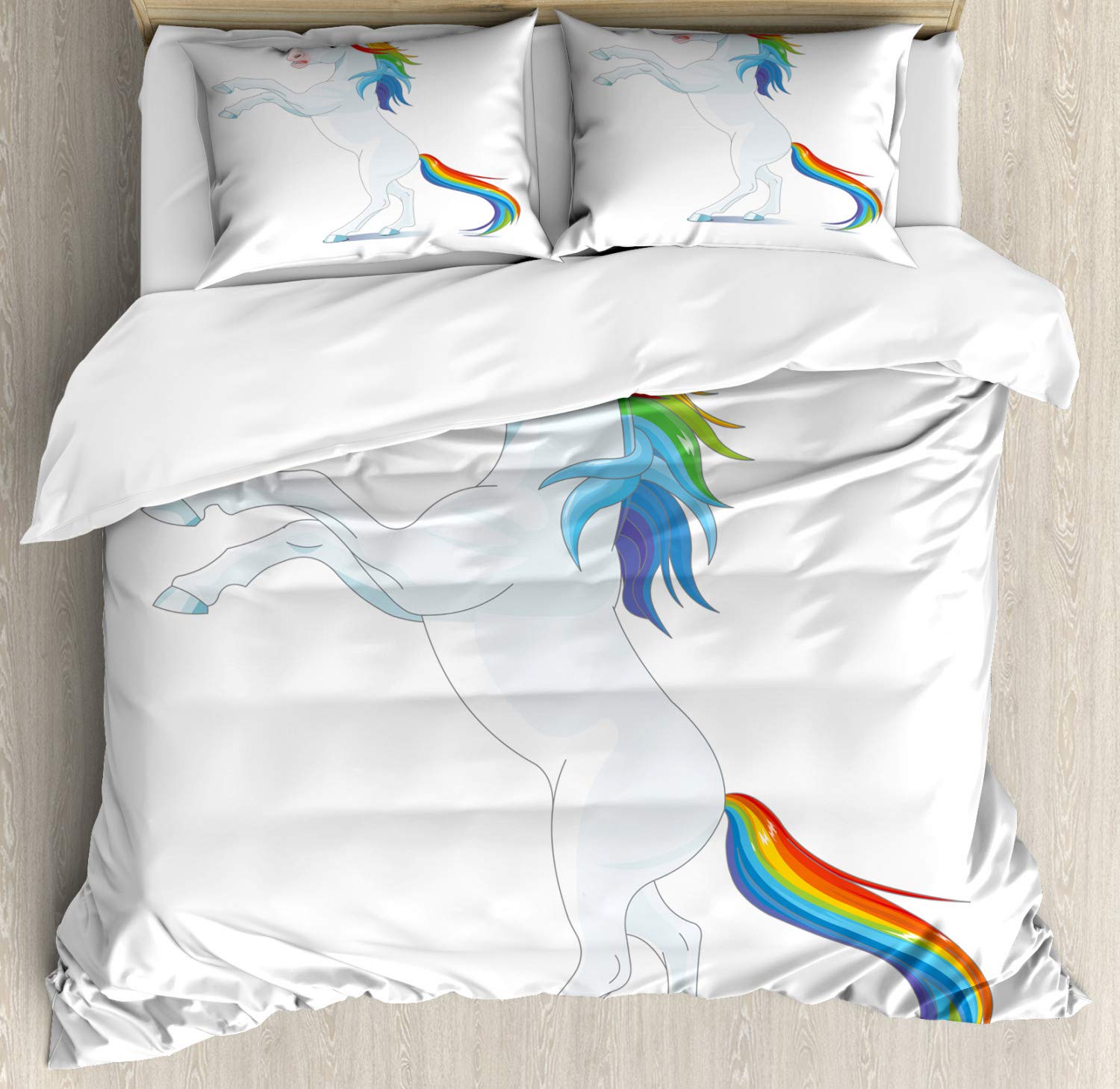 Ambesonne King Size Pony Duvet Cover Set - 3 Piece Cartoon Horse Bedding with Rainbow Mane & Tail Design, White & Multicolor - Perfect for Kids' Rooms, Nursery Decor, and Horse Lover Gifts