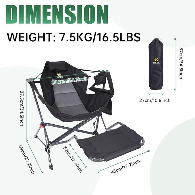 Premium Hammock Camping Chair with Stand - Heavy Duty Rocking Swivel Chair with High Back Support, Cup Holder & Side Pockets - Portable Outdoor Lounge Chair for Backyard, Beach, Camping & Patio Relaxation (Black with Footrest)