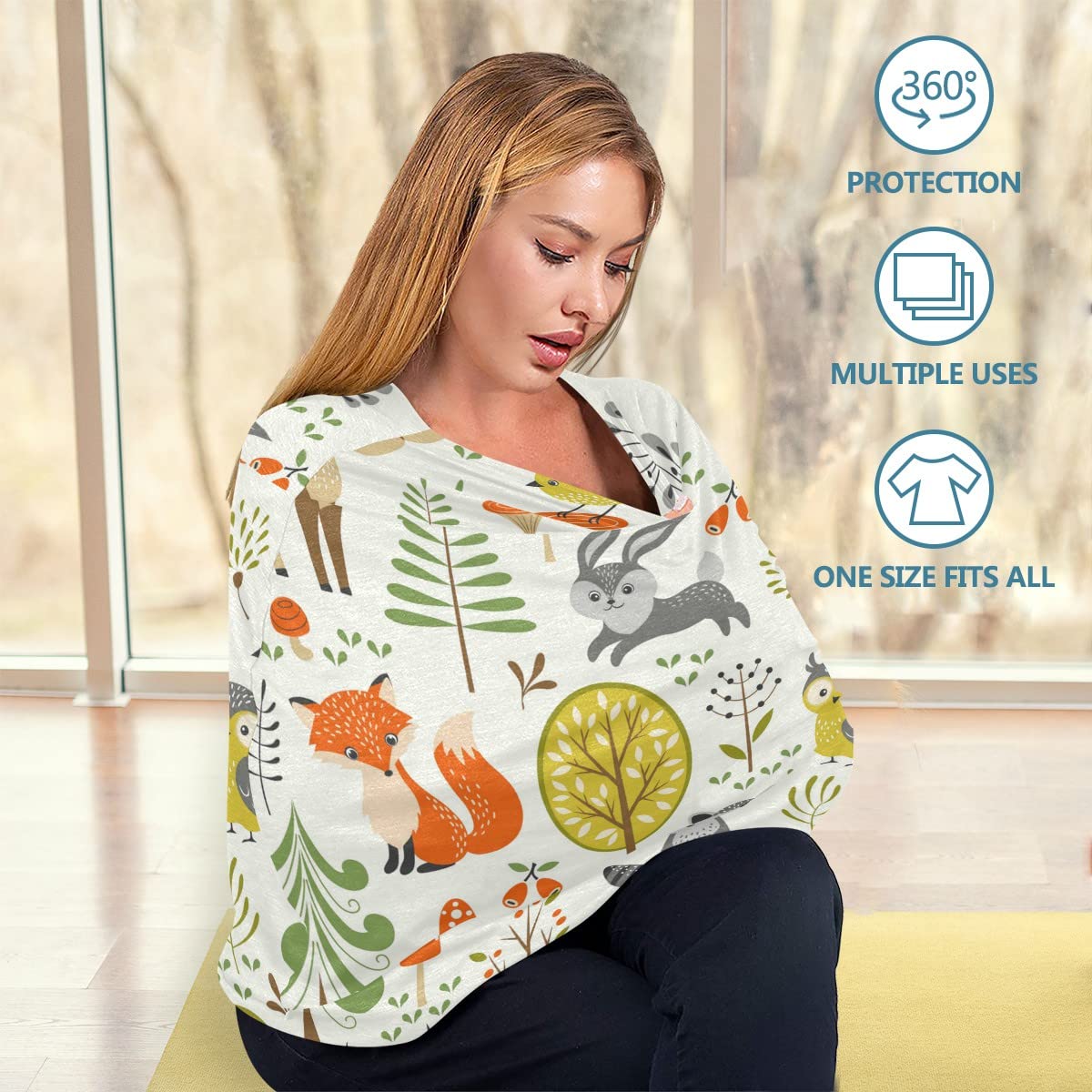 Cute Woodland Animals Nursing Cover - Soft Breastfeeding Cover, Multi-Use Baby Car Seat Canopy, Shopping Cart Cover & Stroller Blanket - Perfect for Nursing, Outings & Travel