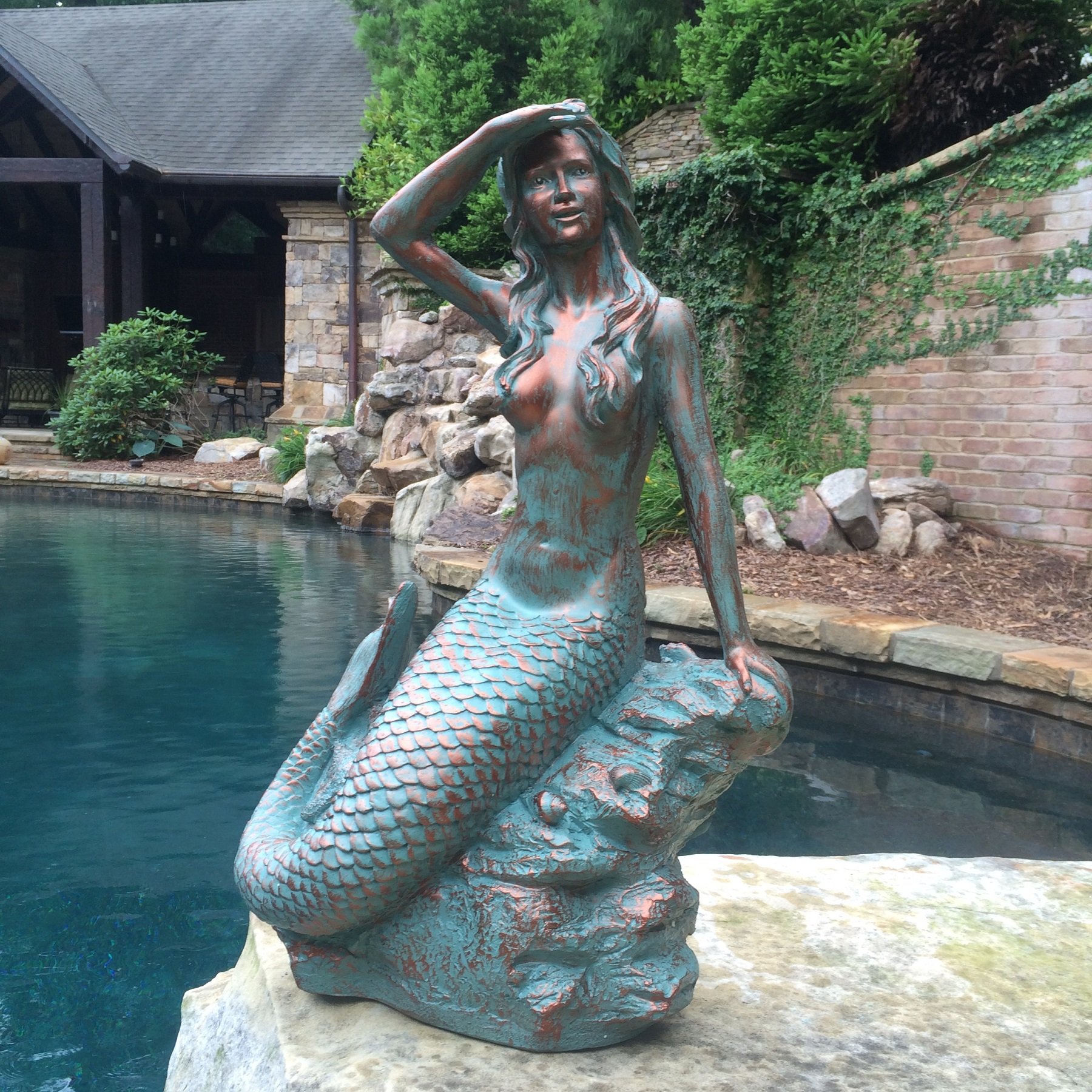 HomeStyles Medium Classic Beach Mermaid on Rock Statue 99371 - 23 Inch Bronze Patina Outdoor Garden Decor for Poolside, Patio & Coastal Themed Spaces