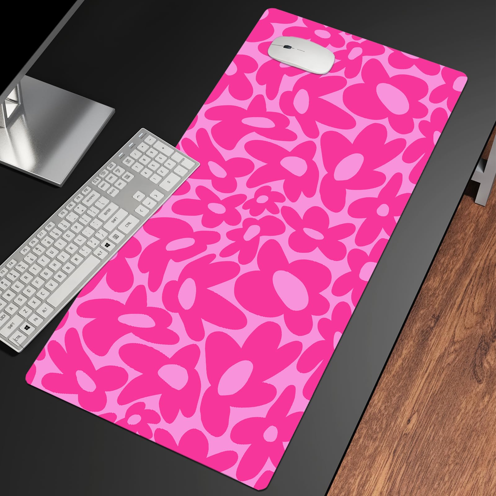 XXL Non-Slip Gaming Mouse Pad with Rubber Base - Waterproof Large Desk Mat for Keyboard & Laptop - Perfect for PC Gaming, Office Work & Home Use - Hot Pink Daisy Design
