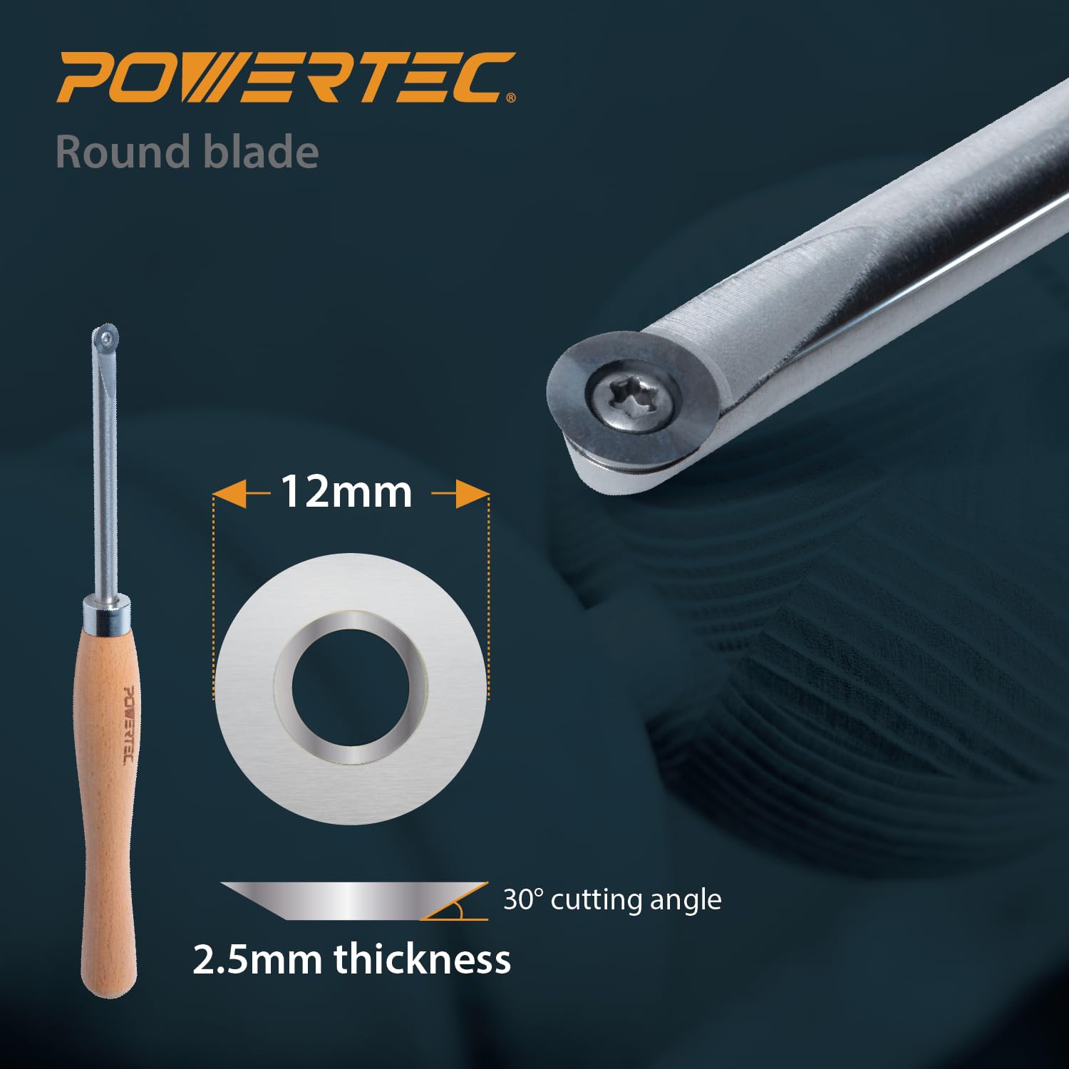 POWERTEC 3-Piece Carbide Wood Lathe Tool Set - Flat Edge Square, Round & Diamond Replaceable Blade Turning Tools with T15 Star Key Wrench | Perfect for Woodturning Projects, Bowl Making & Furniture Crafting