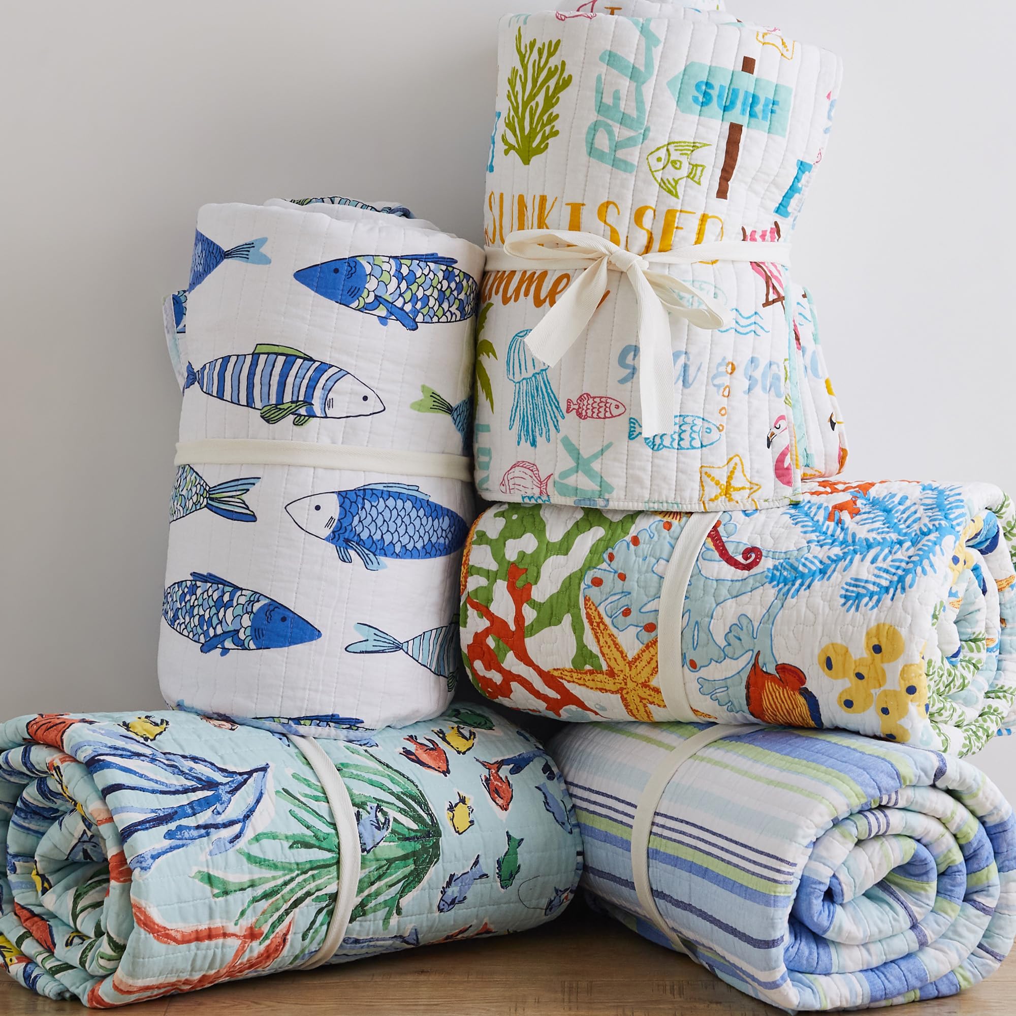 Levtex Home King Size Beach Days Quilt Set - 106x92 Inch Reversible Coastal Quilt with 2 Pillow Shams (36x20in) - Teal Blue, Yellow, Green, Brown & Pink Cotton Bedding - Perfect for Beach House, Coastal Decor & Summer Bedroom Styling