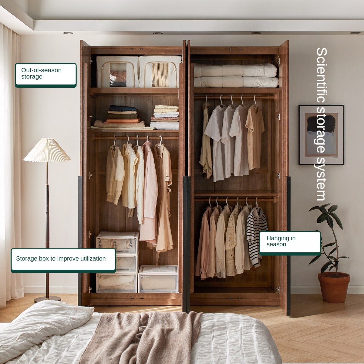 Solid Oak Wood Wardrobe - Spacious & Durable Closet Organizer for Bedroom, Living Room, or Walk-In Closet Storage