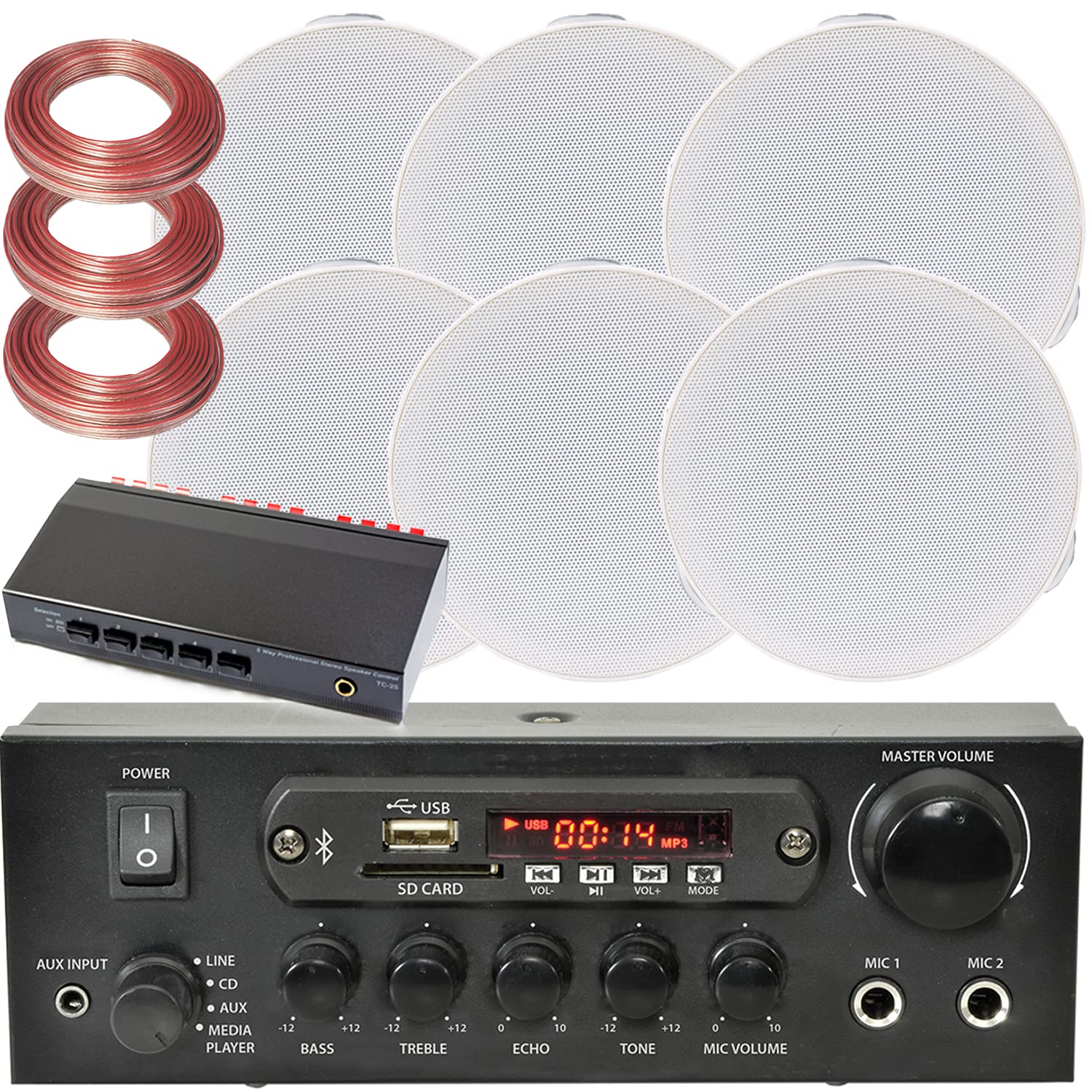 3 Zone Bluetooth Ceiling Speaker System - 110W Stereo Amplifier with 6x 4