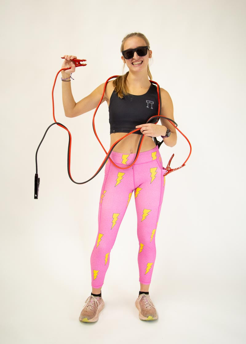 Women's High Waisted Pink Bolts Print Yoga Leggings - Soft Stretchy Workout Pants for Running, Gym & Lounge Wear