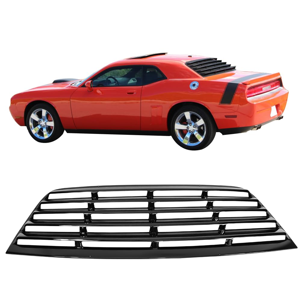 IKON MOTORSPORTS Rear Window Louver for 2008-2023 Dodge Challenger - Gloss Black Painted Cover | Car Accessories | Enhances Style & Sun Protection for Muscle Cars