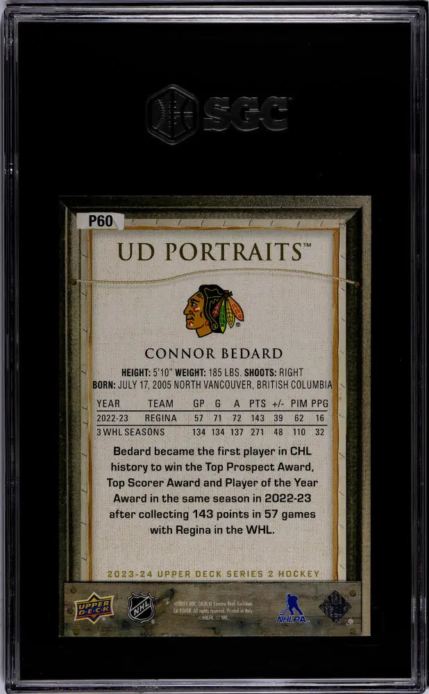2023-24 Upper Deck Series 2 Hockey Connor Bedard UD Portraits Rookie Card SGC 10 Gem Mint - Collectible Sports Memorabilia for NHL Fans & Card Collectors