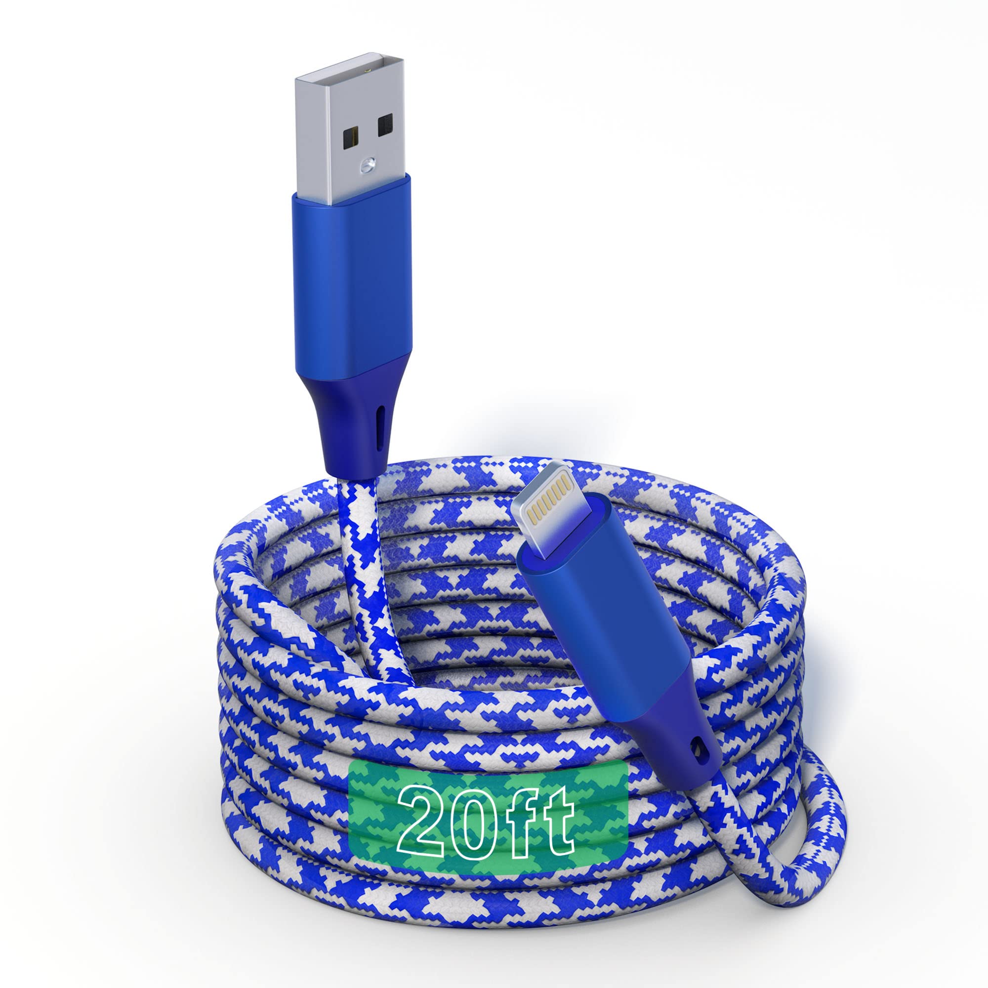 **20FT/6M Extra Long iPhone Charger Cord - Apple MFi Certified Lightning Cable, Nylon Braided, 2.4A Fast Charging for iPhone 14/13/12/11/X/8/7/6, iPad, iPod - Perfect for Home, Office, Car & Travel**