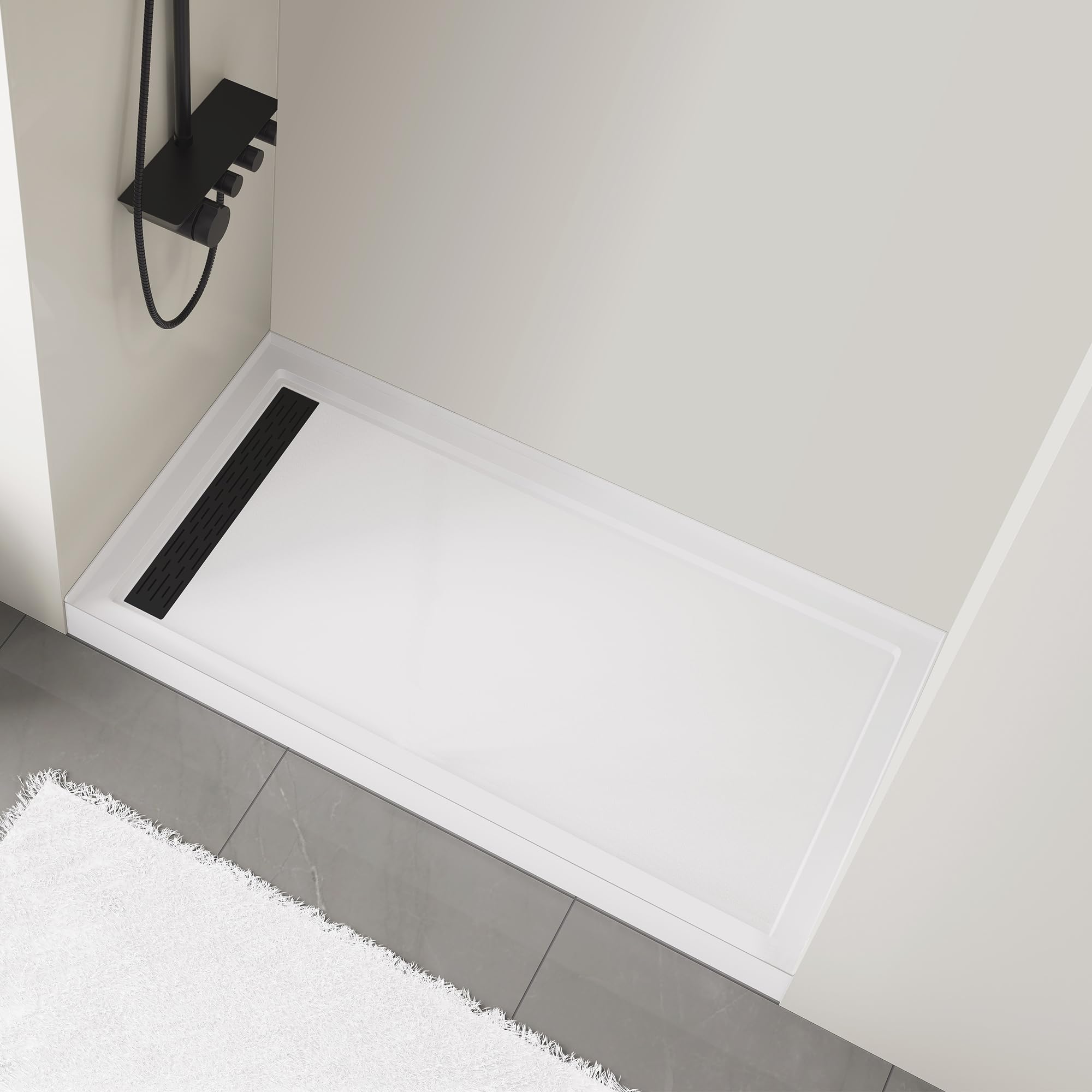 MORVANO 32 x 60 Inch Acrylic Shower Base with Single Threshold - Left Drain Location, Glossy White Shower Pan with Black Stainless Steel Cover - Perfect for Modern Bathroom Renovations and Small Space Solutions